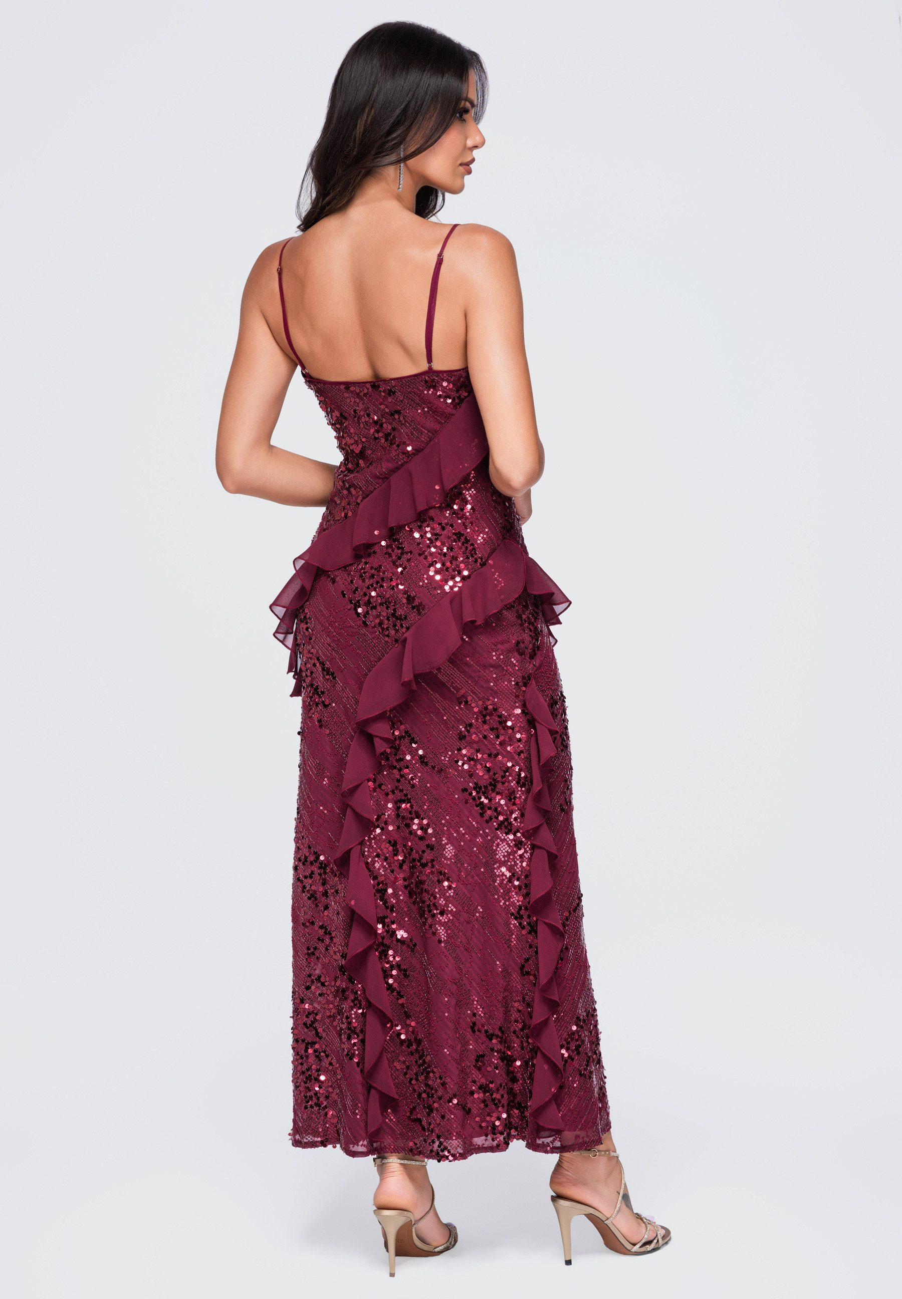 OMBRE Abendkleid Damen Abendkleid Maxi mit asymmetrischen Rüschen Bordeaux M (kein Set, 1-tlg) in Unifarbe