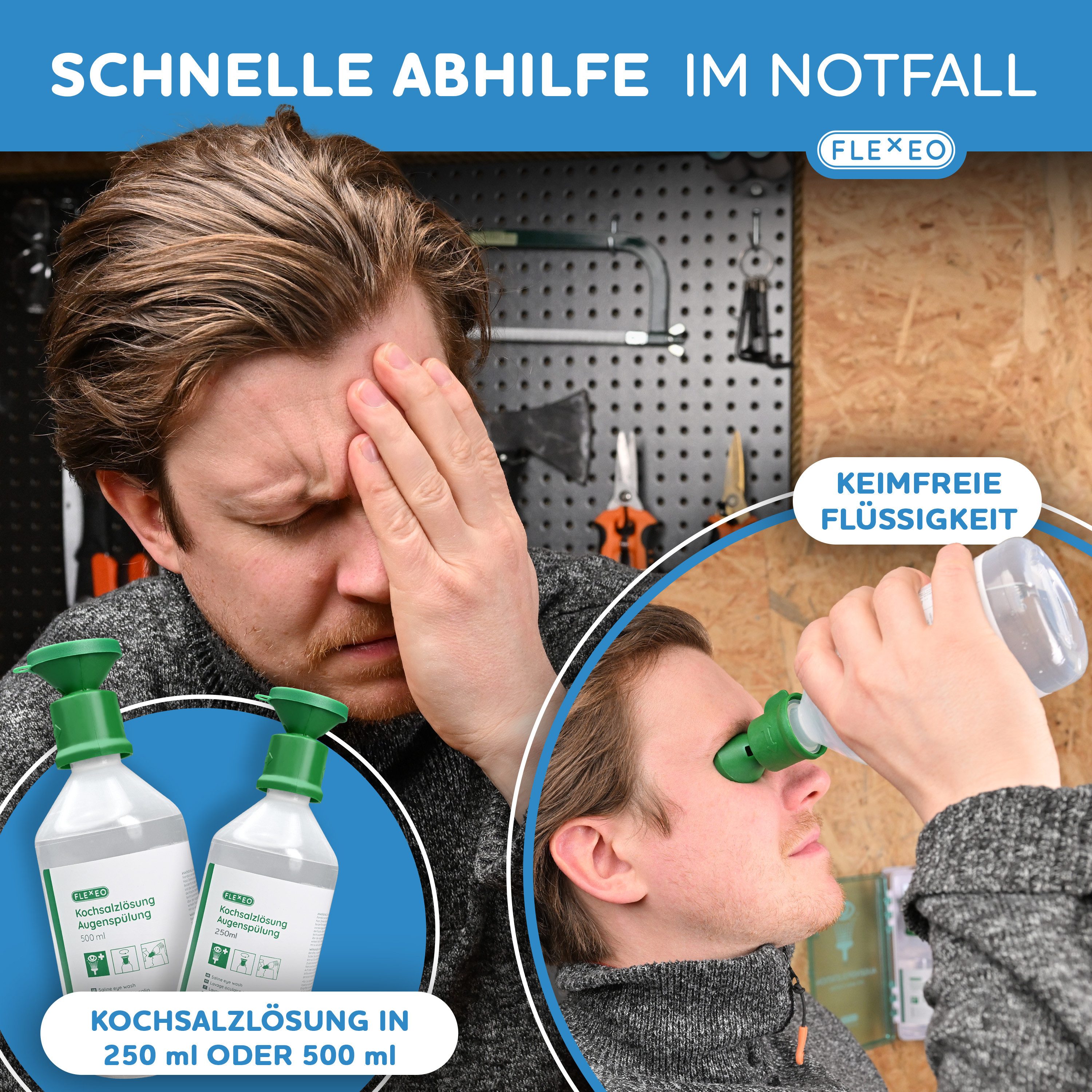 FLEXEO Erste-Hilfe-Set Augenspülflasche NaCl 250ml, (1 St), Augendusche mit Kochsalzlösung 0,9