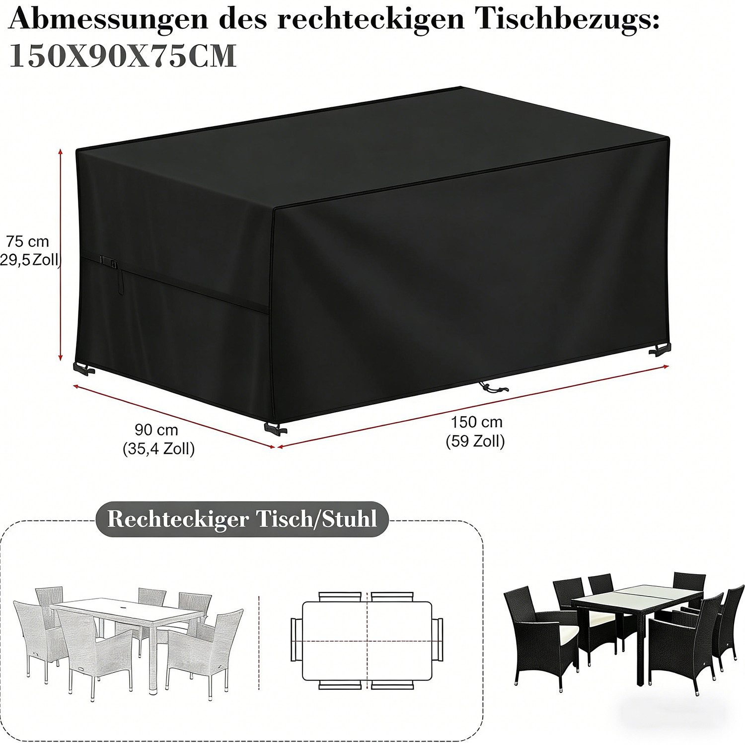 wohnTRAUM24 Gartenmöbel-Schutzhülle Gartenmöbel Abdeckung Wasserdicht Outdoor, 420D Oxford Abdeckhaube (Tischabdeckung Winterfest Abdeckplane Gartenmöbel), für Gartentische Terrassenmöbel, Regenschutz und Staubfest, Rechteckig