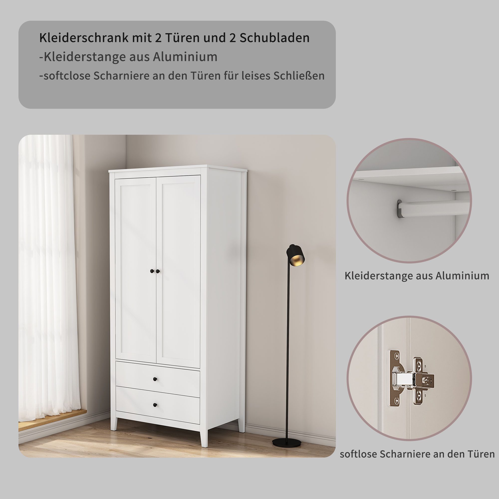 OTTO home Kleiderschrank Borkum Sideboard Anrichte mit 6 Schubladen Landhaus weiß (hochwertige schwarze Griffe aus Metall) Schlafzimmerschrank mit 2 Türen und 2 – Bild 4 von 5