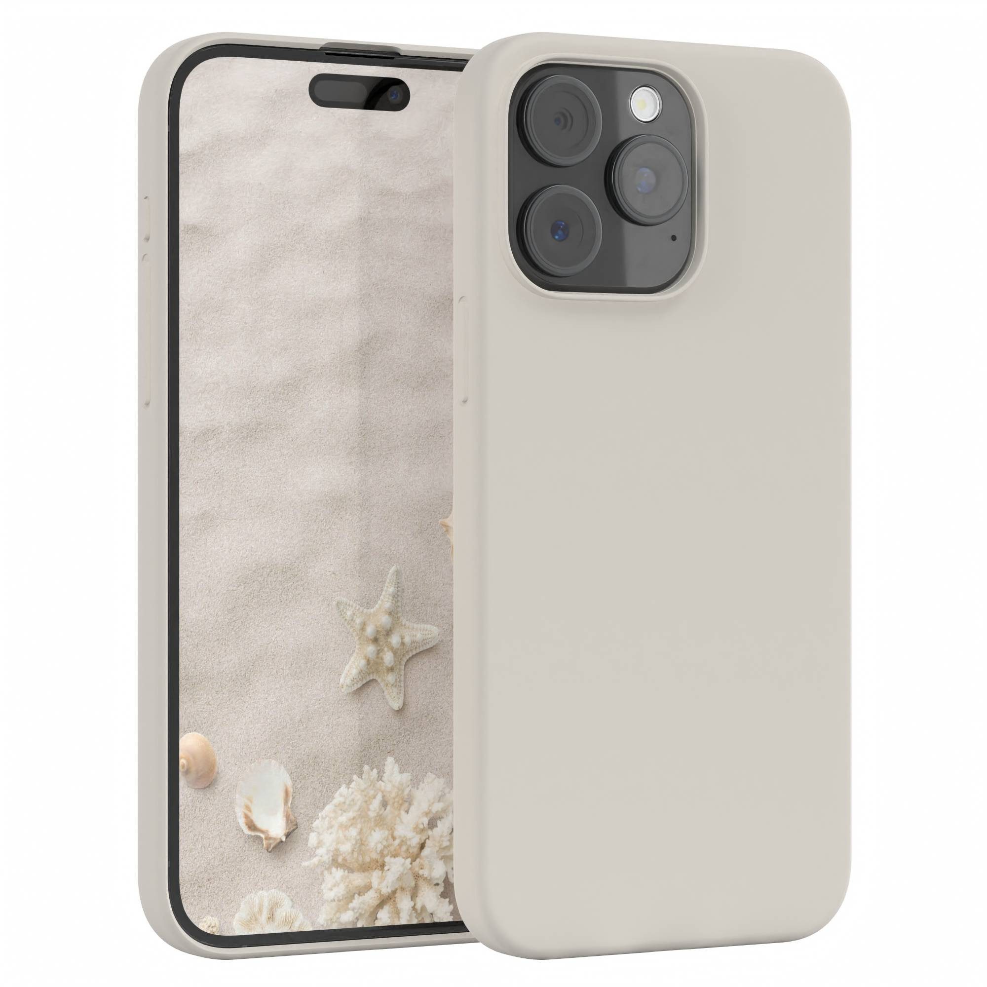 EAZY CASE Handyhülle Premium Silikon Case für Apple iPhone 15 Pro Max 6,7 Zoll, Hülle Silikon mit Displayschutz Handy Softcase Slimcover Taupe / Beige