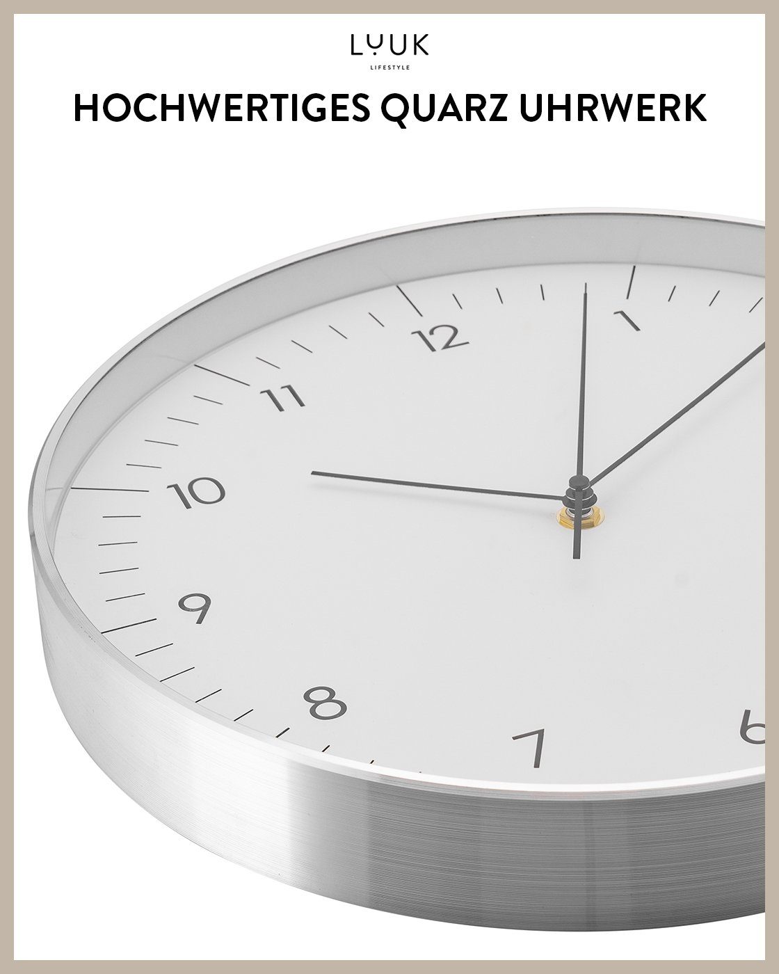 LUUK LIFESTYLE Wanduhr Helsinki (ohne Tickgeräusche, Quarzuhrwerk, große Ziffern, Sekundenzeiger)