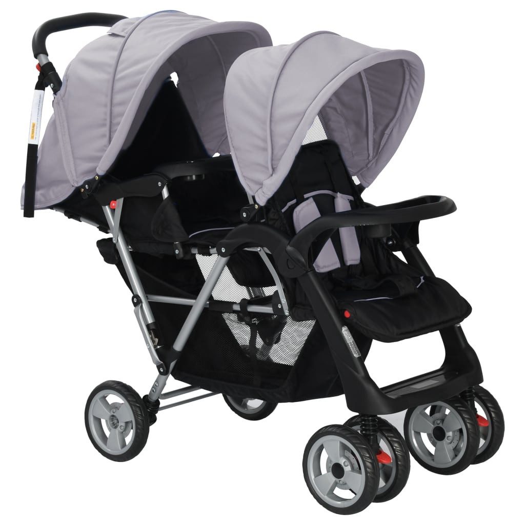 vidaXL Kombi-Kinderwagen Zwillingswagen Karre Kinderwagen Buggy Stahl Grau und Schwarz