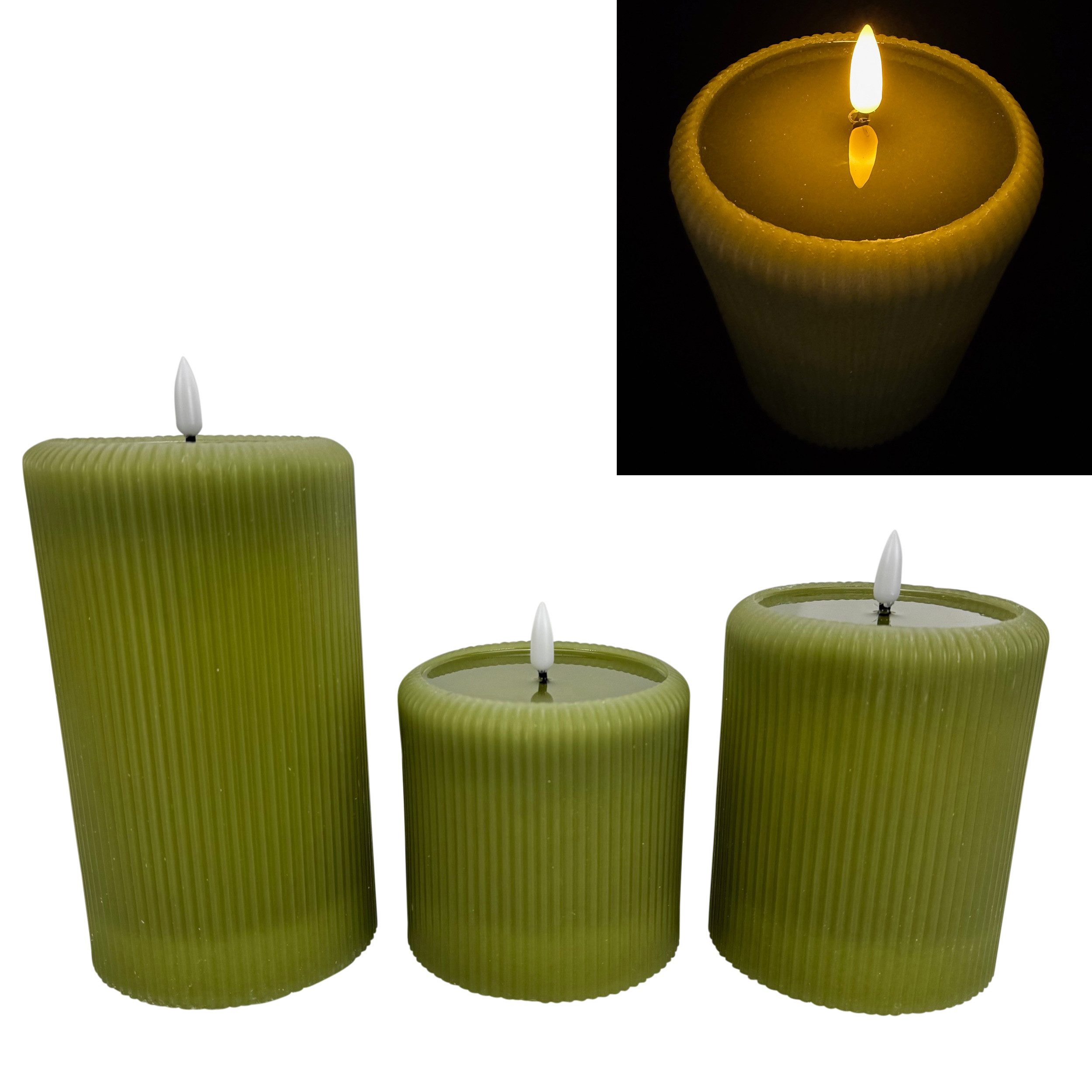 Online-Fuchs LED-Kerze 3 moderne LED Stumpenkerzen XL mit spiegelnder Flamm günstig online kaufen