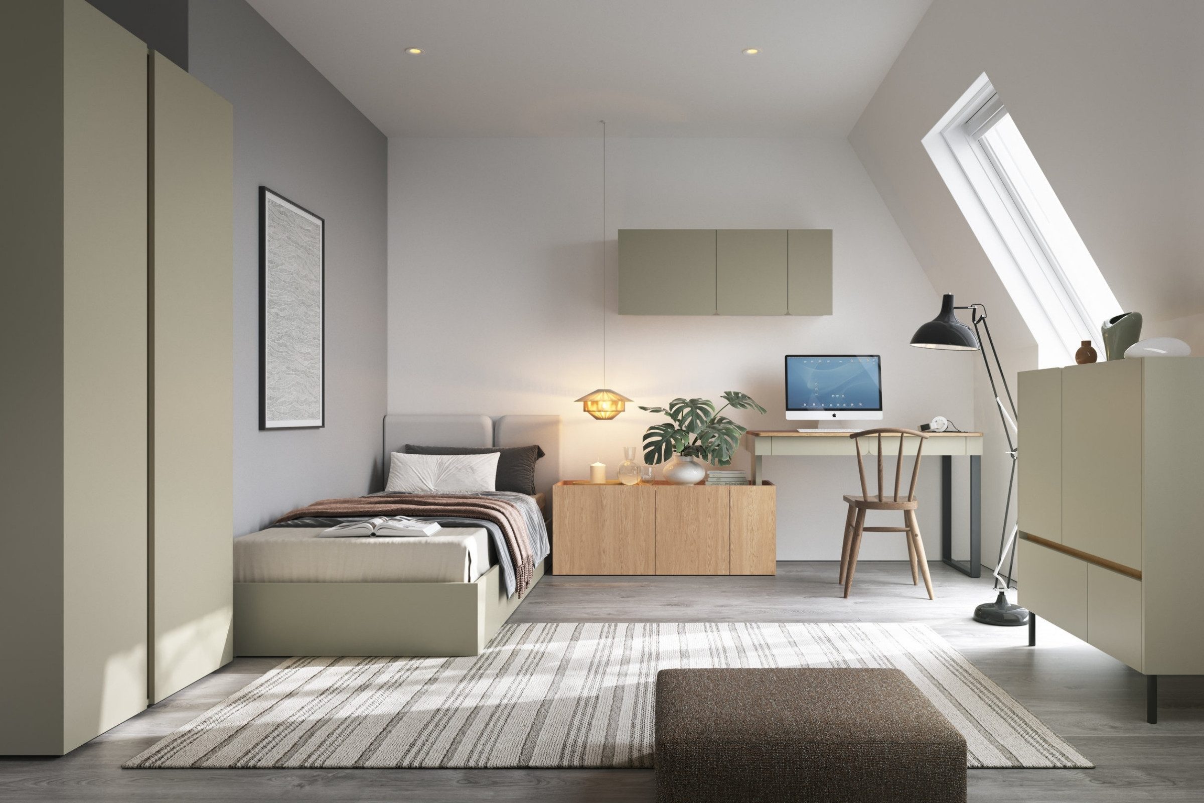 Deine Möbel 24 Jugendzimmer-Set LIBU A Kinderzimmer-Set Kindermöbel für Kinder Jugendliche, (Set, 5-tlg., inkl. Kleiderschrank Bett Wandregal Schreibtisch Kommode), LIBU-Kollektion Beige Eukalyptus Eiche 3+13+12+10+9