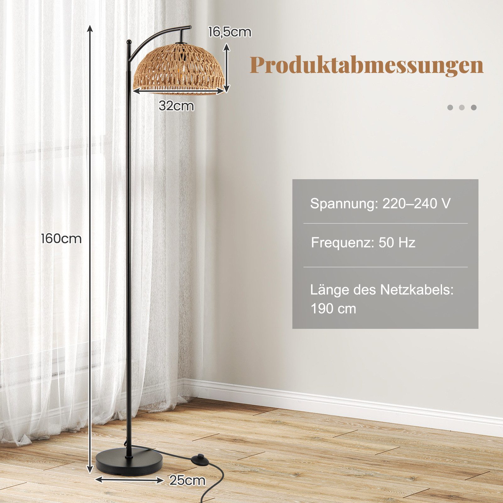 COSTWAY Stehlampe, 160cm hoch, mit hängendem Lampenschirm & Fußschalter