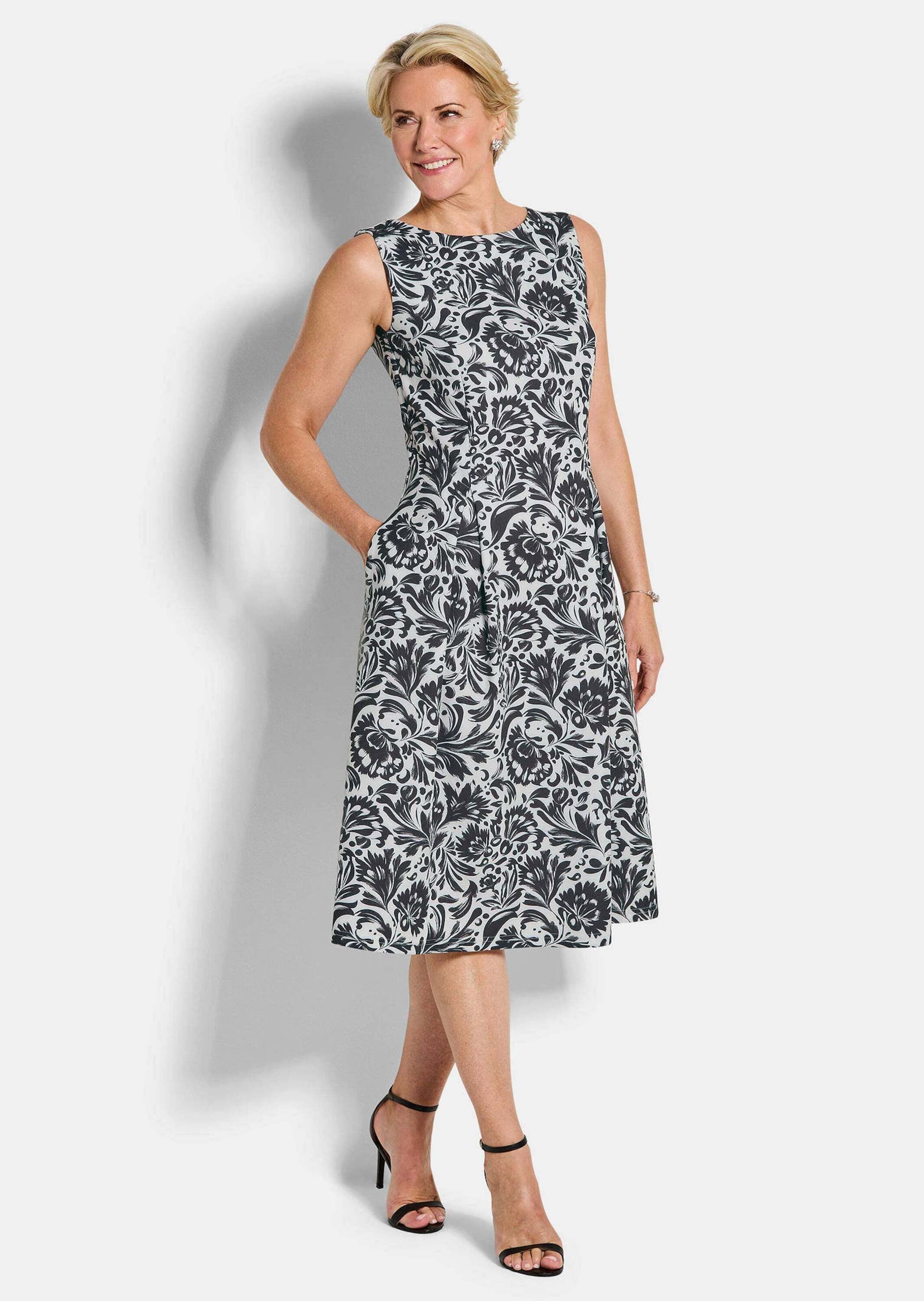 GOLDNER Sommerkleid Kurzgröße: Elegantes Jerseykleid mit Faltenrock Midikleid mit U-Boot-Ausschnitt, breiten Trägern und Knielänge