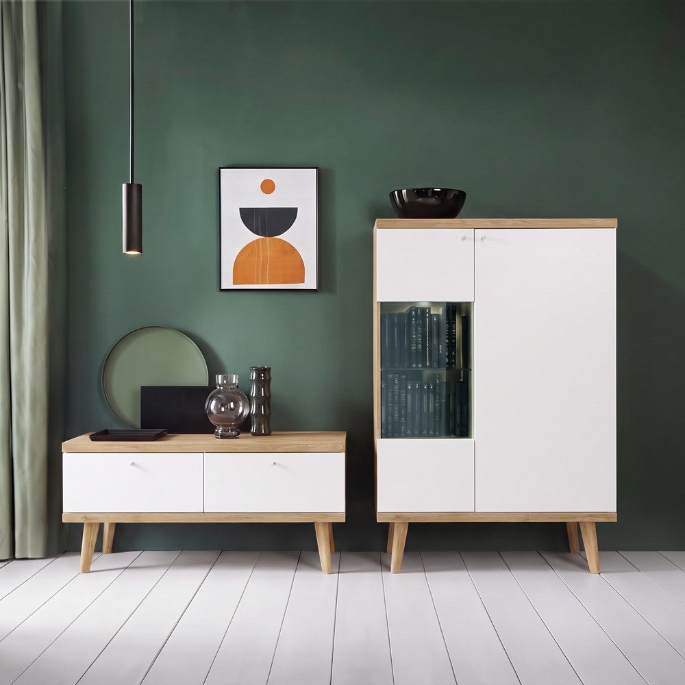 Lomadox Wohnwand POSITANO-160, (2-St., Lowboard Highboard), in Weiß mit Eiche, inkl. Beleuchtung, Retro-Design