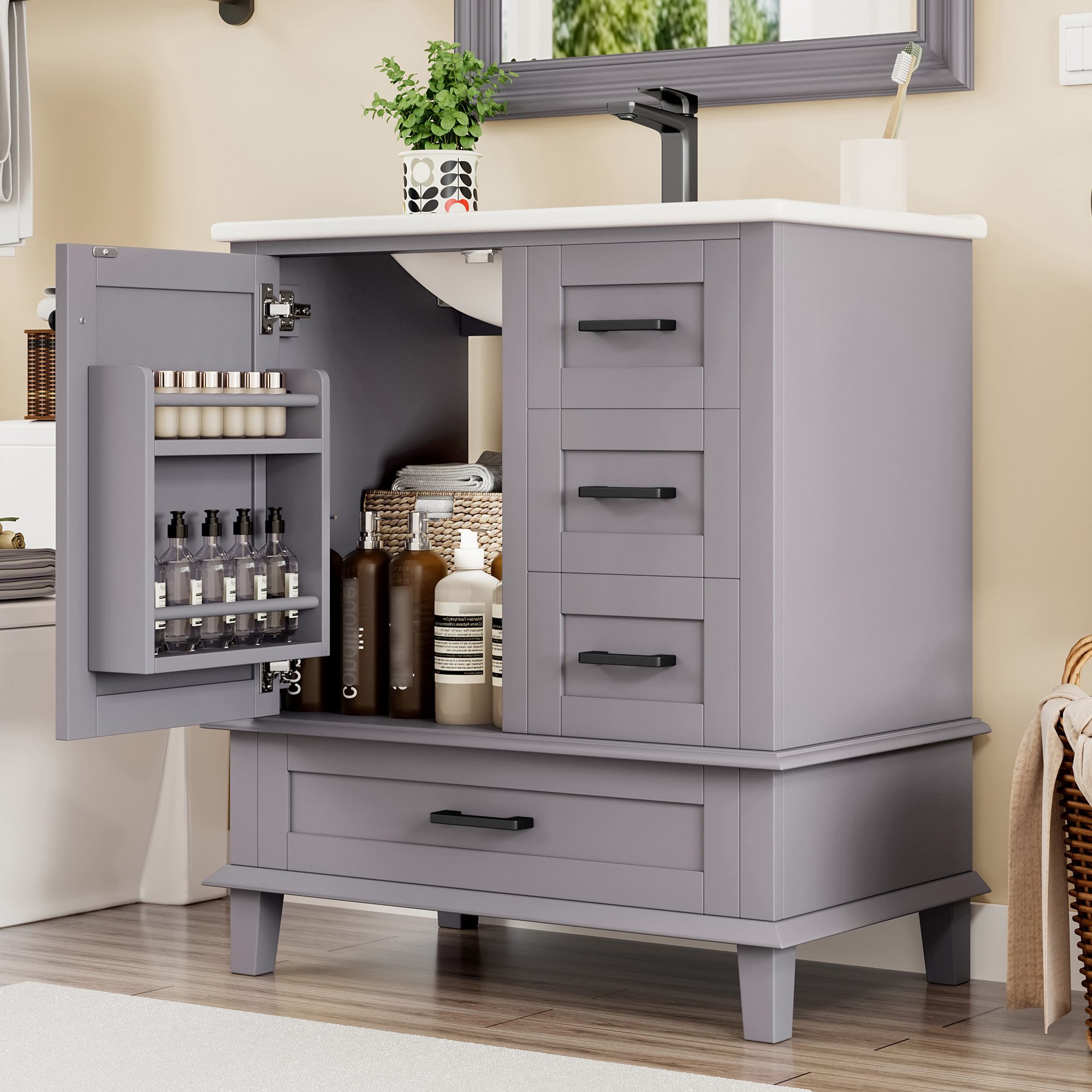 Furnishings Home Waschbeckenunterschrank Bodenstehender Badezimmerschrank mit integriertes Keramikwaschbecken (1-St) Mit drei geräuschlose Schubladen 76x46x83,5cm weiß Grau