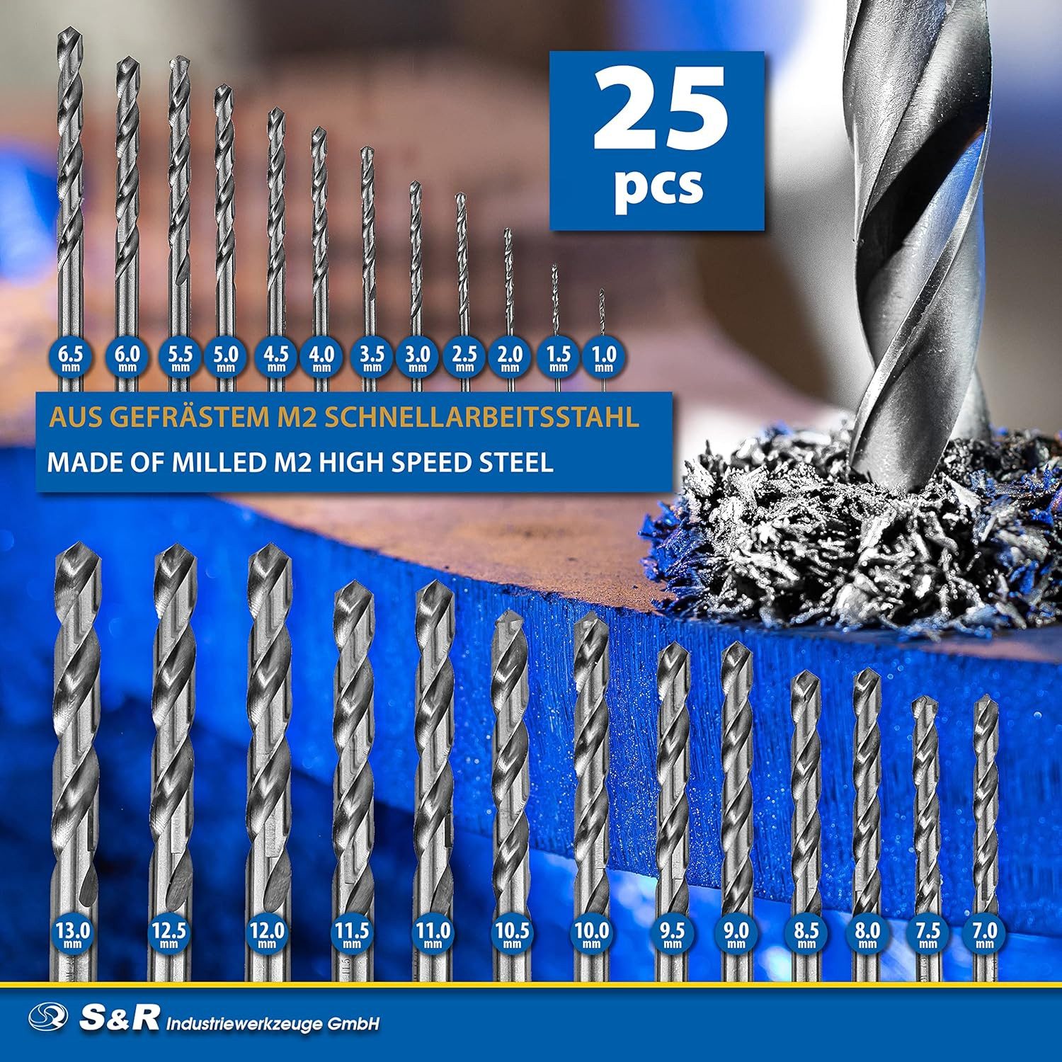 S&R Metallbohrer -Set, 118° Spitzenwinkel, GM-Serie, HSS-Stahl, Industrie-Qualität, (Set, 25 teilig, ø 1-13 mm), extra hohe Standzeit, DIN 338, geschliffen, Stahlbohrer-Satz 25 Stück
