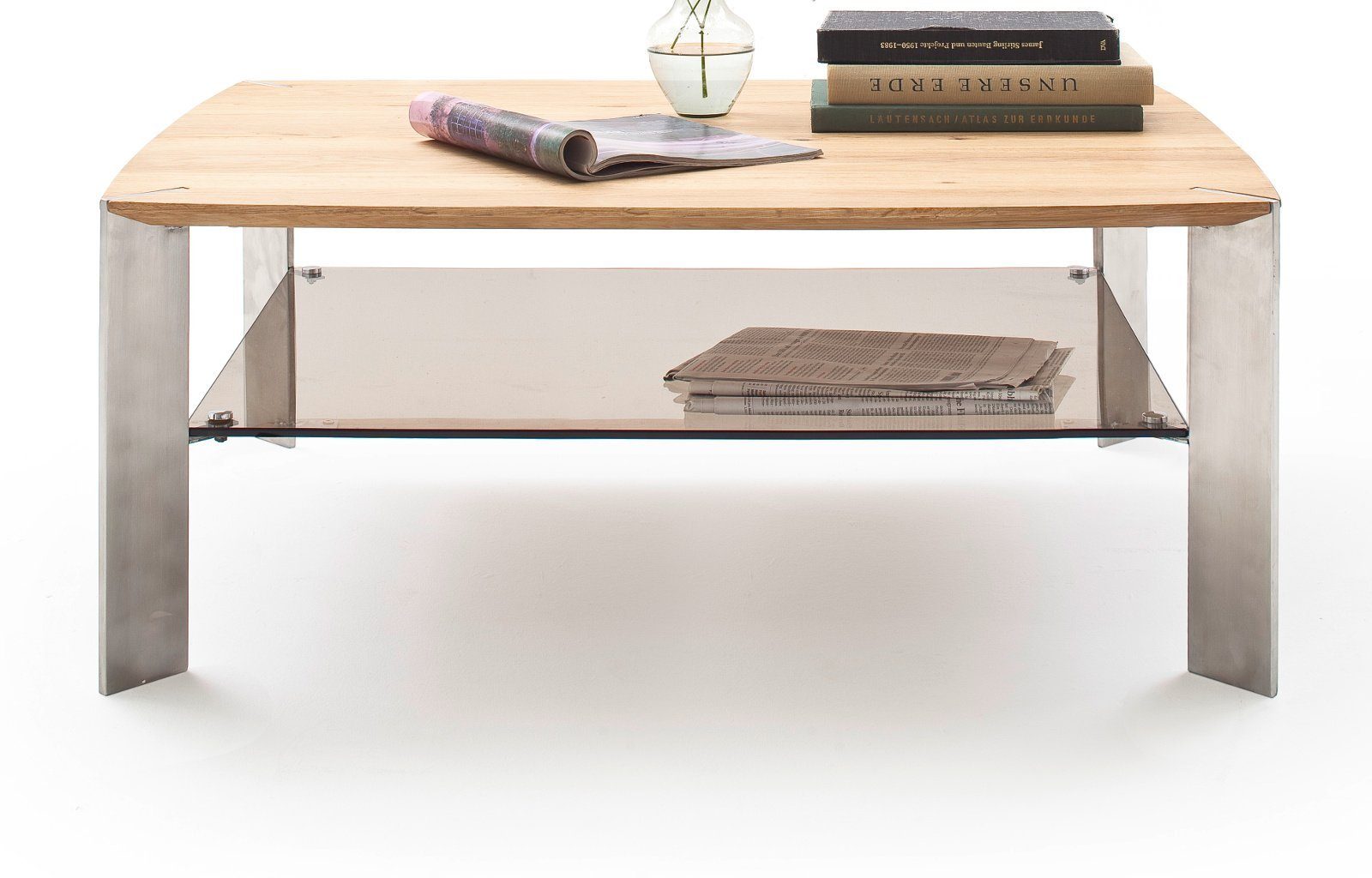 120x70 MCA Asteiche Couchtisch Tisch Ablage Nelia Edelstahl), (Wohnzimmer furniture cm, mit massiv,