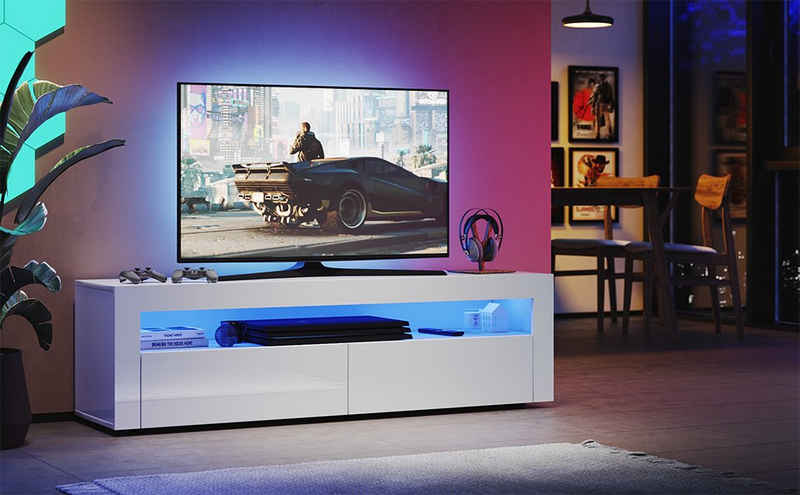SONNI TV-Schrank TV-Schränke mit LED Beleuchtung Weiß Hochglanz 155x40x45cm/122x40x45cm TV Lowboard, Unterschrank, Fernsehschrank, tv schrank in wohnzimmer, sideboards