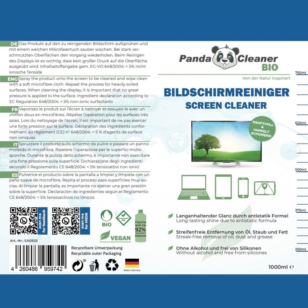 PandaCleaner Bildschirmreiniger - Reinigungs-Set - Laptop Cleaning Kit Glasreiniger (Spar-Set, [4-St. 1x 100ml Spray + 250ml Refill + 2x Putztuch)