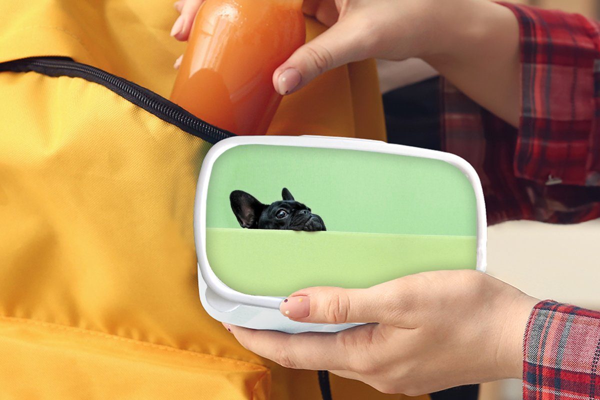 MuchoWow Lunchbox Französische Bulldogge weiß Grün - für Brotbox Jungs Kinder für Schwarz, Mädchen Kunststoff, und Brotdose, und Erwachsene, - (2-tlg)