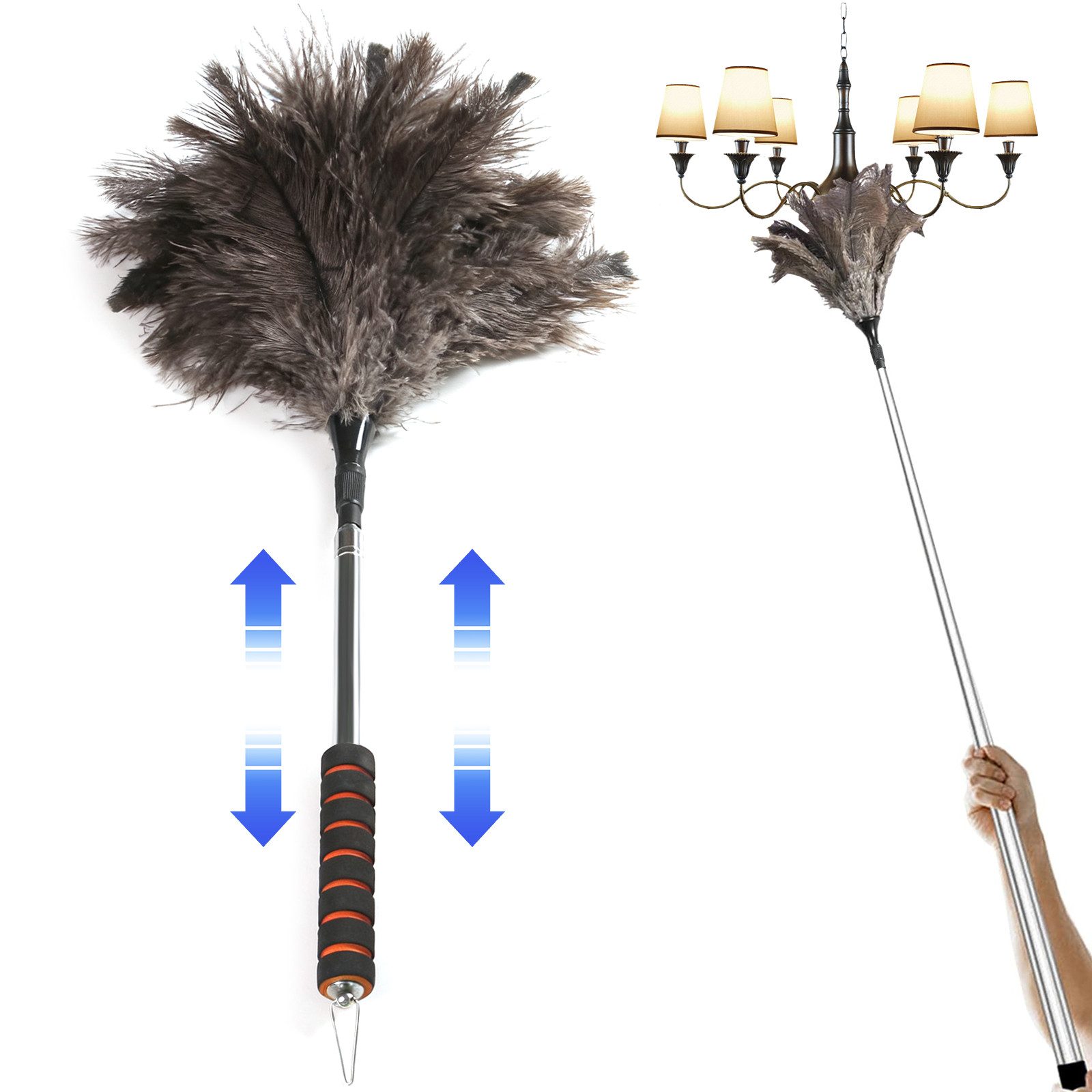 BlingBin Staubwedel Teleskop Staubwedel Straußenfedern – Staubwedel Lang Ausziehbar (1er Set, 1-St., 55 cm bis 155 cm), Längenverstellbar & Waschbar für Deckenventilator, Hochflächen