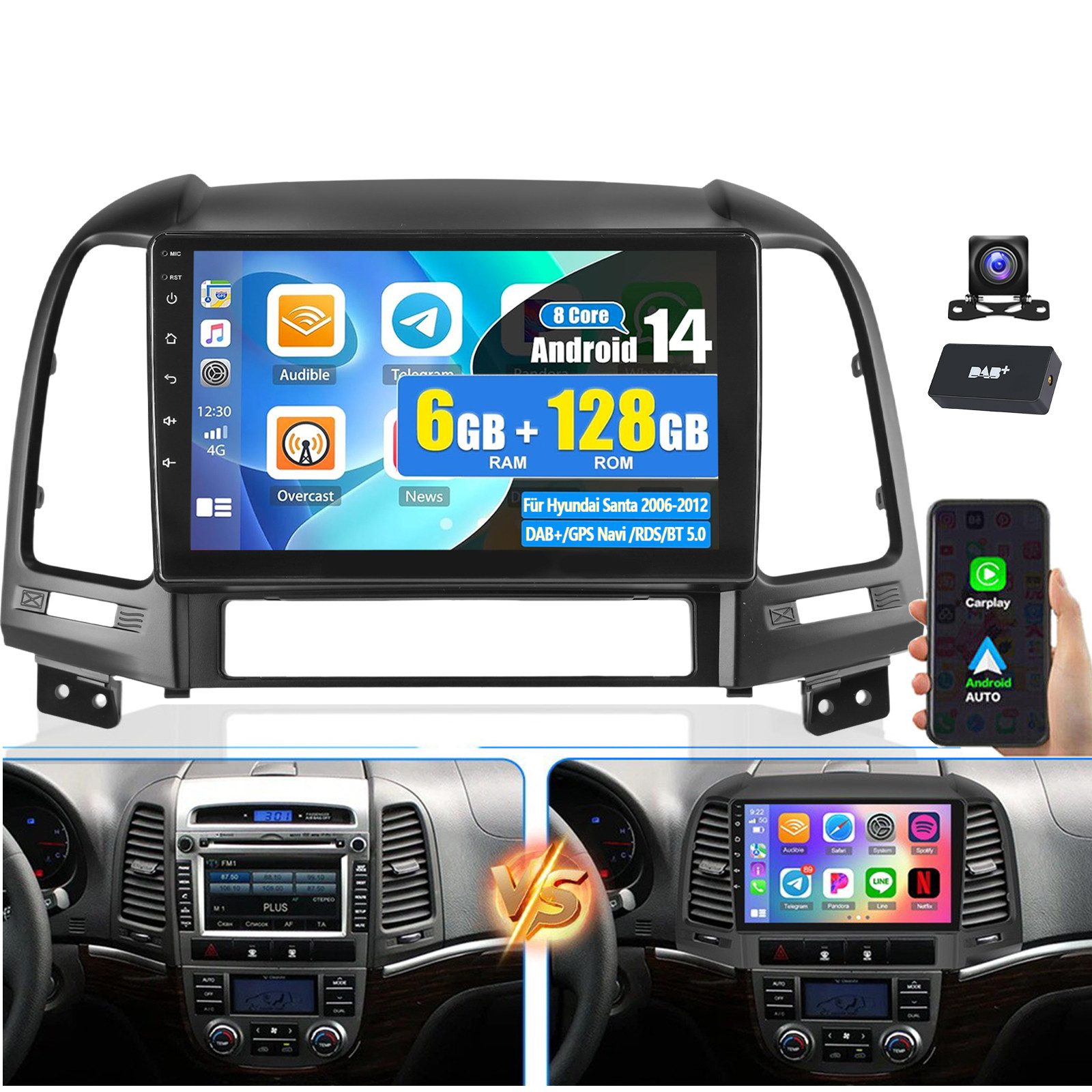ESSGOO DAB+ 6+128G Android 15 Für Hyundai Santa 2006-2012 Carplay GPS Navi Autoradio (RDS, 6GB+128GB, Digitalradio (DAB), FM, AM, Carplay Android Auto Bluetooth EQ USB GPS Navi WIFI Touchscreen)