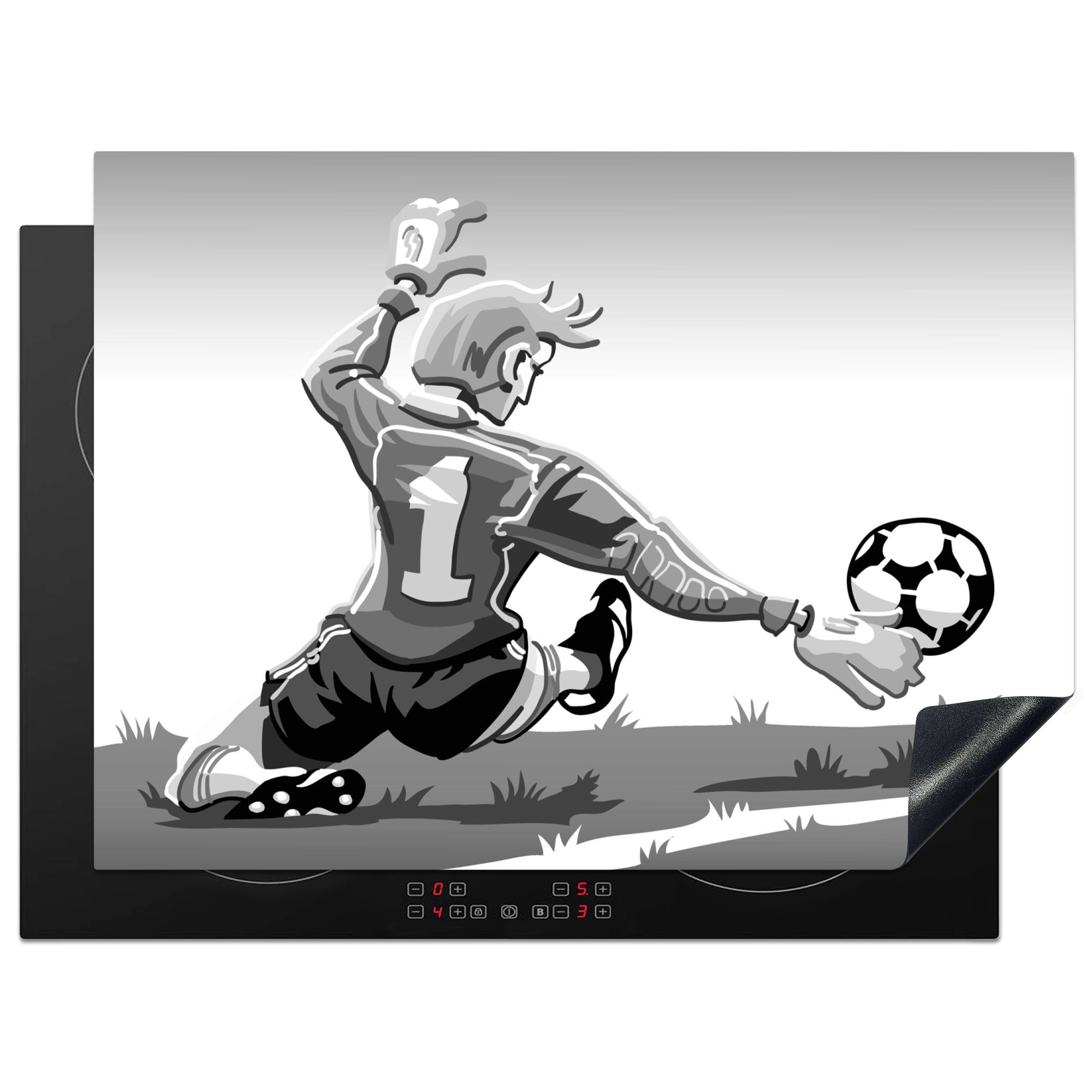 MuchoWow Herdblende-/Abdeckplatte Eine Illustration eines Torwarts, der den Fußball stoppt - Jungen -, Vinyl, (1 tlg), 70x52 cm, Mobile Arbeitsfläche nutzbar, Ceranfeldabdeckung