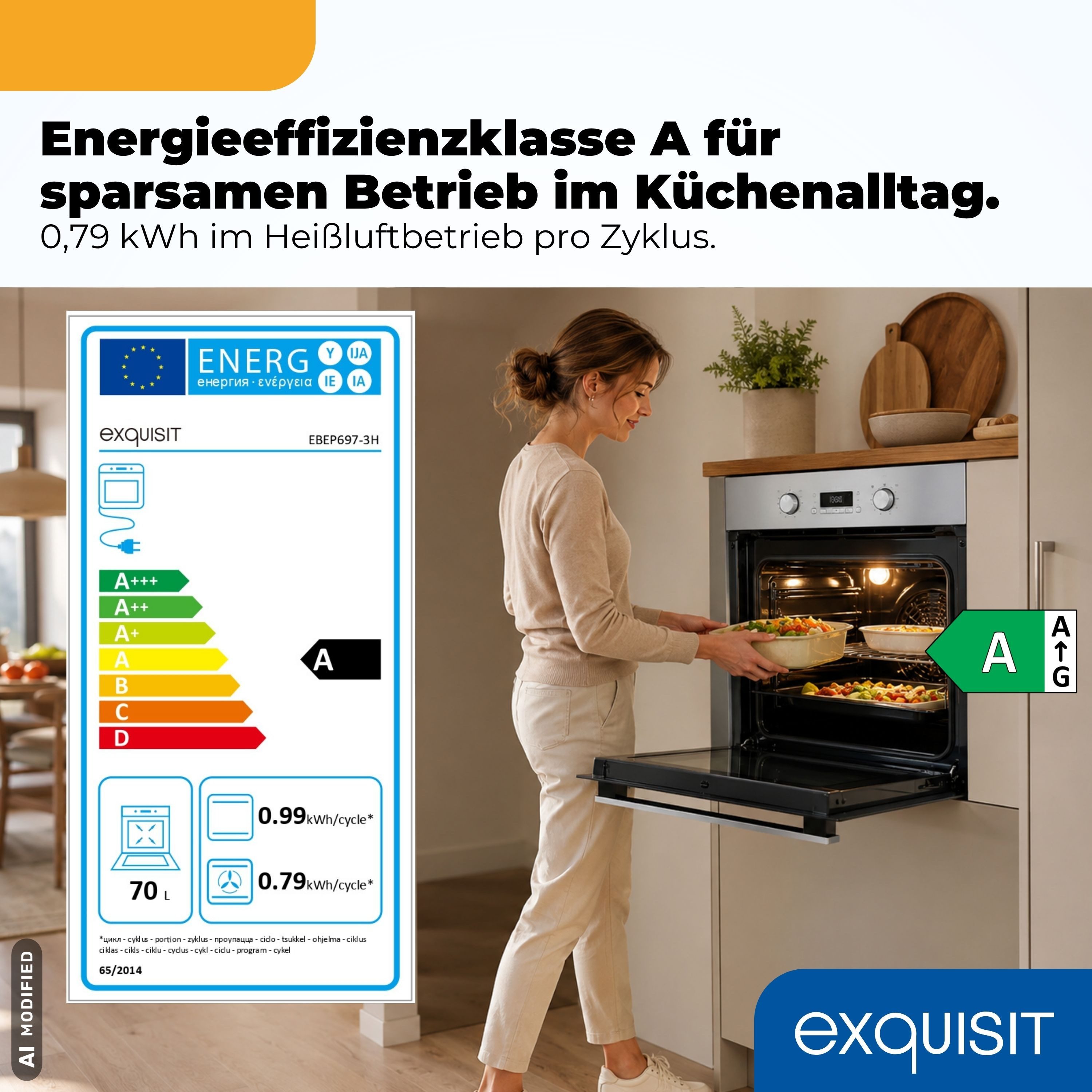exquisit Einbaubackofen EBEP 697-3 H, mit Teleskopauszug nachrüstbar, Pyrolyse-Selbstreinigung, 70 L, inkl. Eco-Funktion, 4-fach-verglaste Tür, versenkbare Knebel