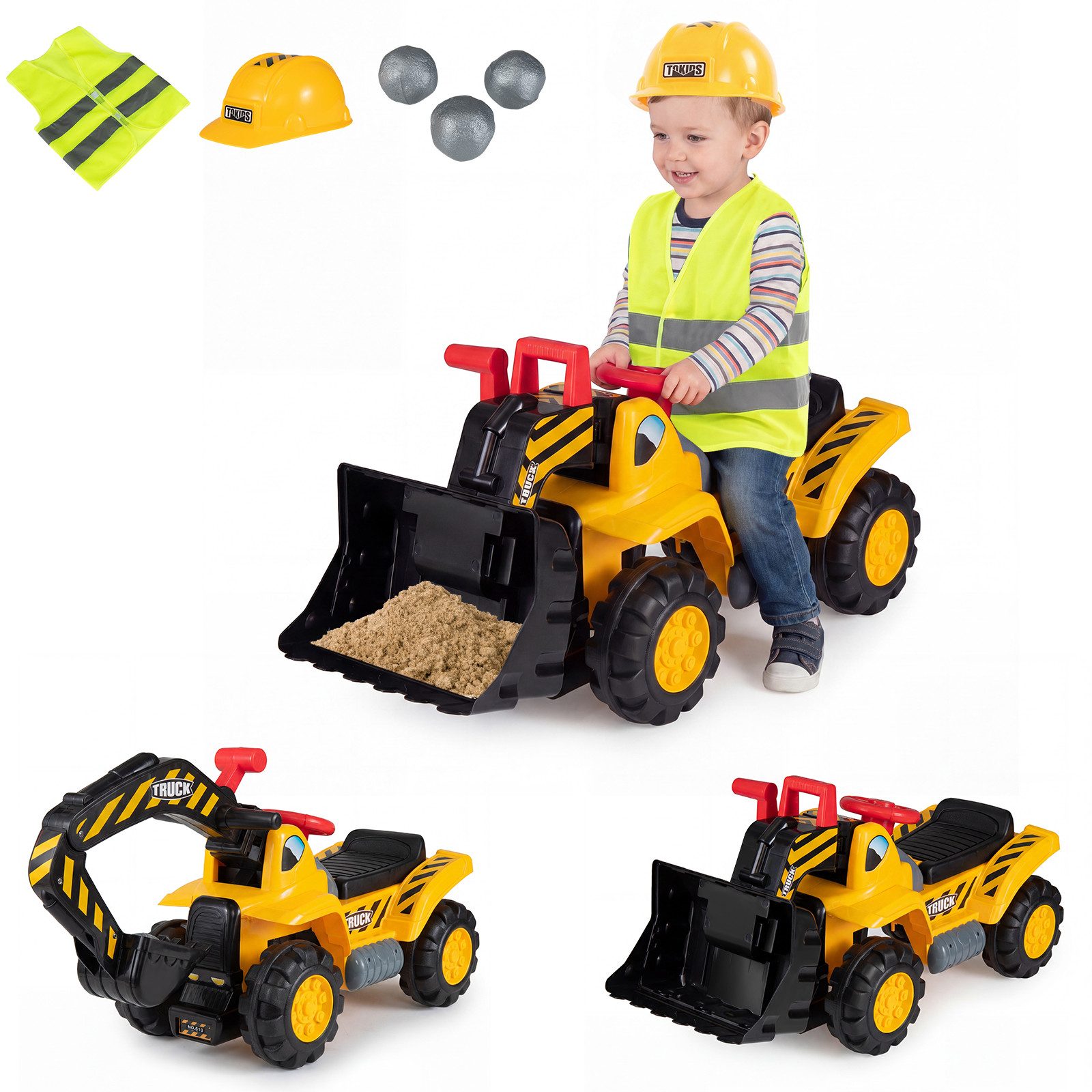 KOMFOTTEU Rutscherauto 3 in 1 Sitzbagger, zum Draufsitzen, Aufsitzbagger
