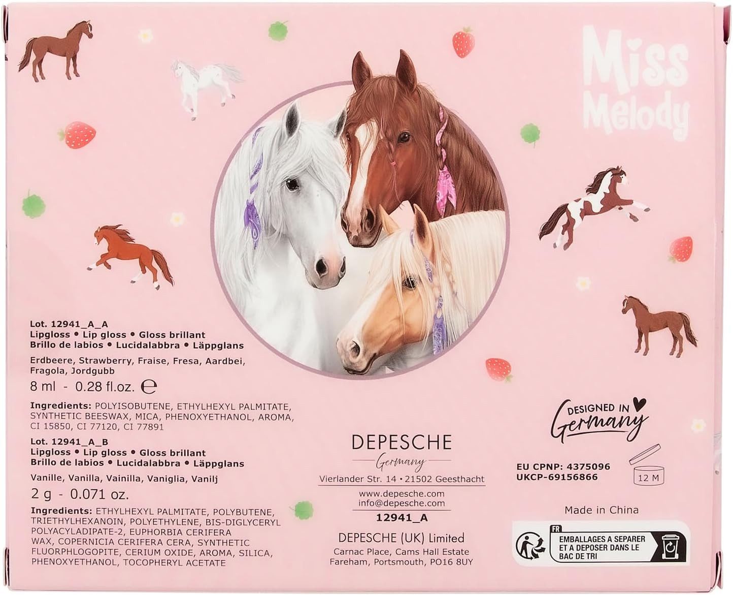 Depesche Schmuckset Miss Melody Lipgloss Set im Pferde Design für Kinder, 2 Glosse, Fruchtige Düfte, inkl. Plüsch Anhänger, Pink – Bild 5 von 5