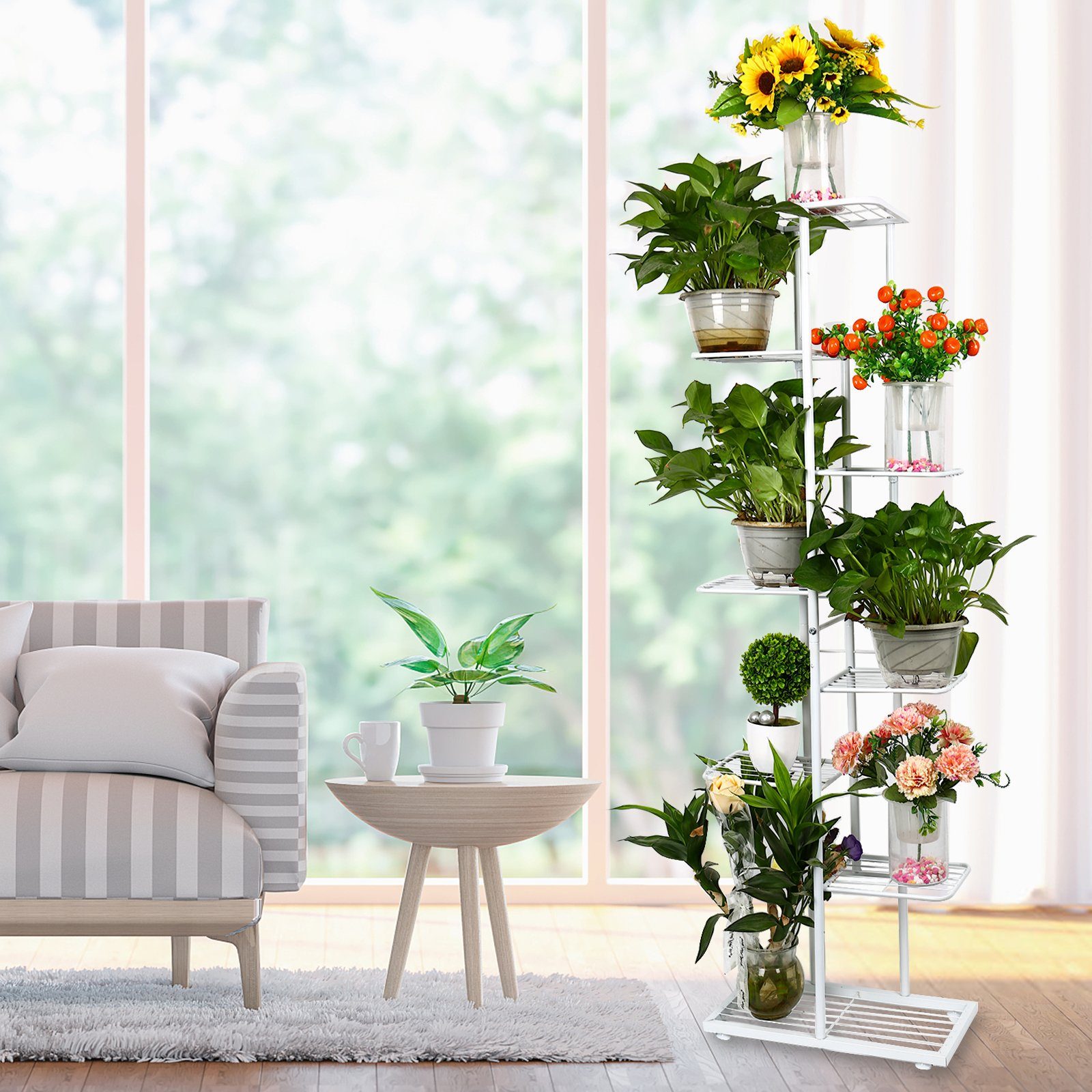 Weiß 8-stufiges 9-Becken-Haushaltsdekorationsregal TWSOUL für Balkon Blumenständer (Sätze), Wohnzimmer-Pflanzenständer den
