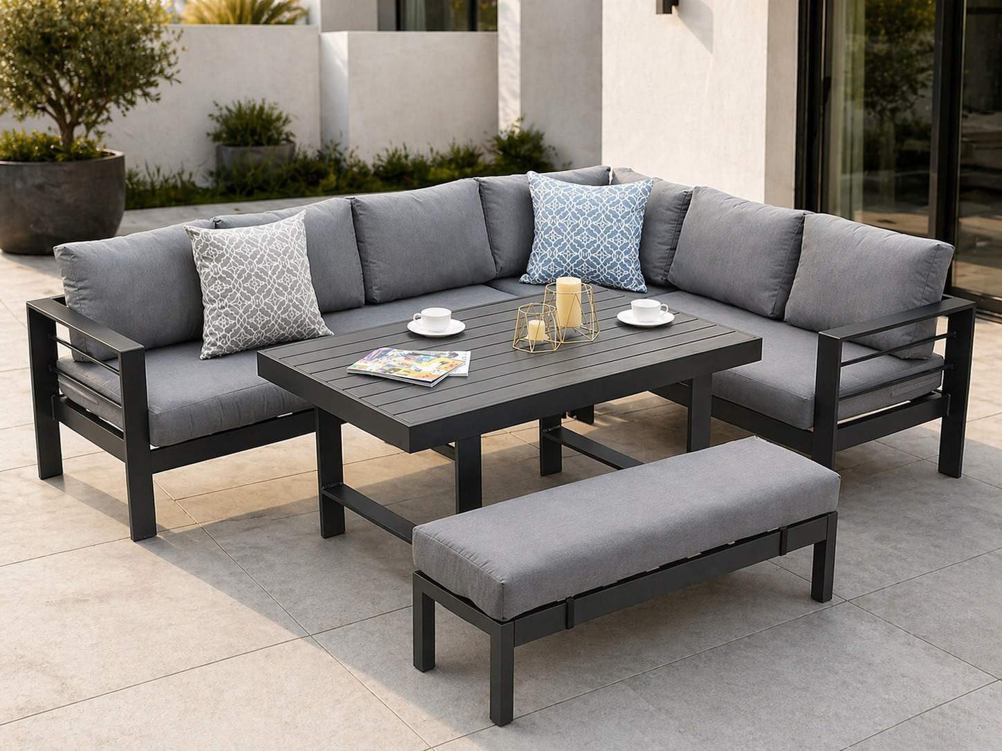 MeXo Gartenlounge-Set Outdoor Gartenmöbel Lounge-Set für 6-8 Personen, (Aluminium-Ecklounge, rechte Ecke, 5-tlg., wetterfest & pflegeleicht), großer Esstisch 130×80 cm, bis 140 kg belastbar je Sitz