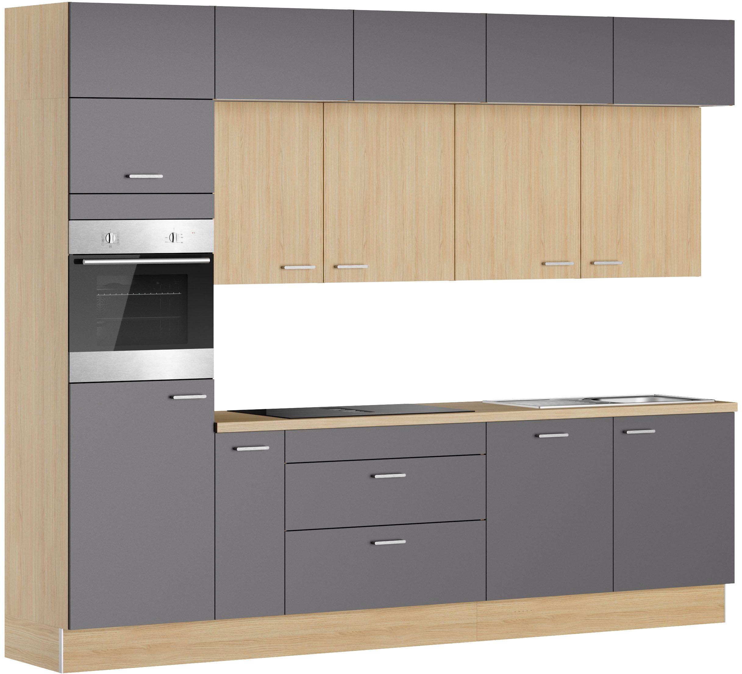 KOCHSTATION Küchenzeile KS-Lucy wahlweise mit Induktionskochfeld mit integriertem Dunstabzug, Breite 300 cm, Soft-Close, inkl. Zubehör, wahlweise mit E-Geräten