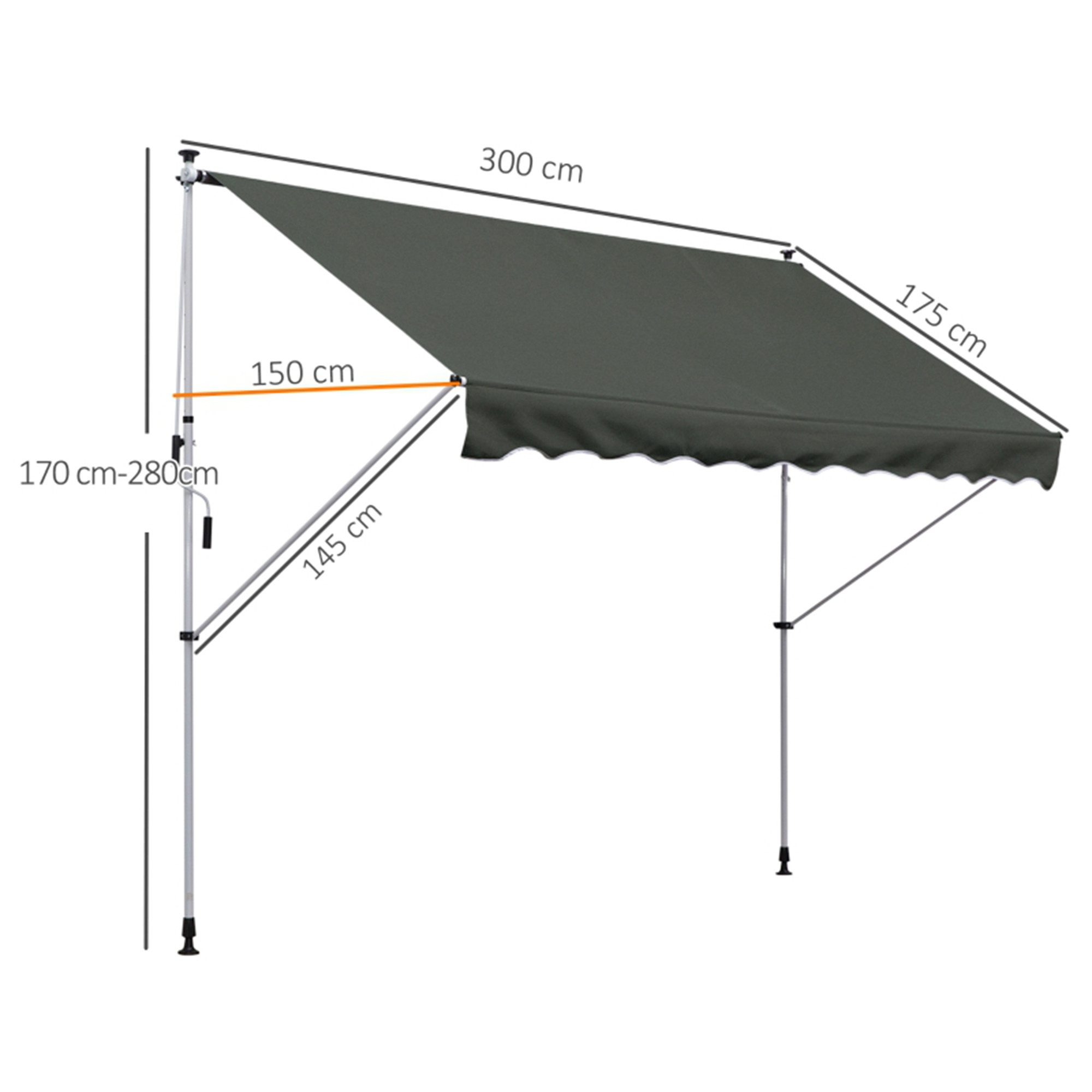 MC Star Standmarkise freistehend, 300 x 150cm, Markise mit Handkurbel freistehende Markise windfest, Alu, Grau