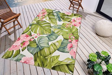 Teppich OASIS 235x160cm rosa / grün / weiß, riess-ambiente, rechteckig, Höhe: 8 mm, Wohnzimmer · Flachgewebe · florales Design · Blattmuster · Outdoor