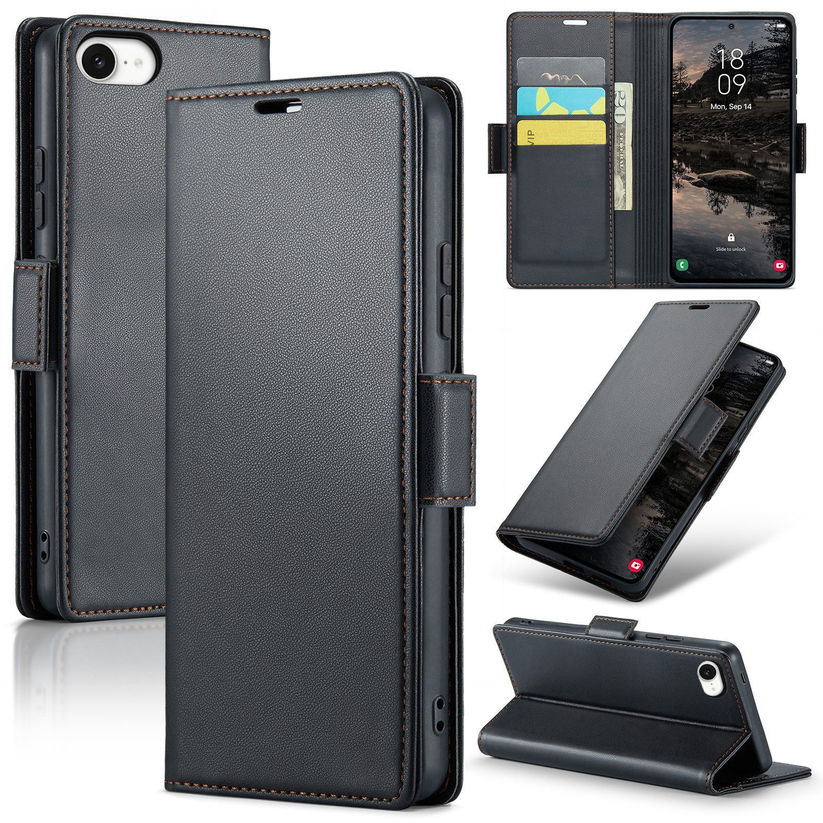 CLM-Tech Handytasche für iPhone 17e / iPhone 16e PU Leder Klapphülle (schwarz, 1-tlg., Flip Case inklusive Standfunktion und Kartenfächer), Magnetverschluss, RFID-Blockierung