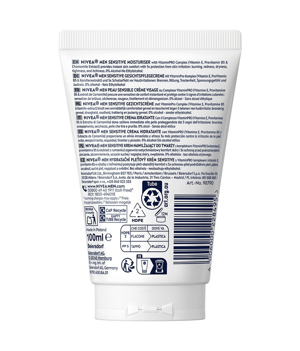 Nivea Men Gesichtspflege Sensitive Gesichtspflegecreme XXL 2 x 100ml Vitamin E Panthenol, 2-tlg., intensive 24-Stunden-Hydratation