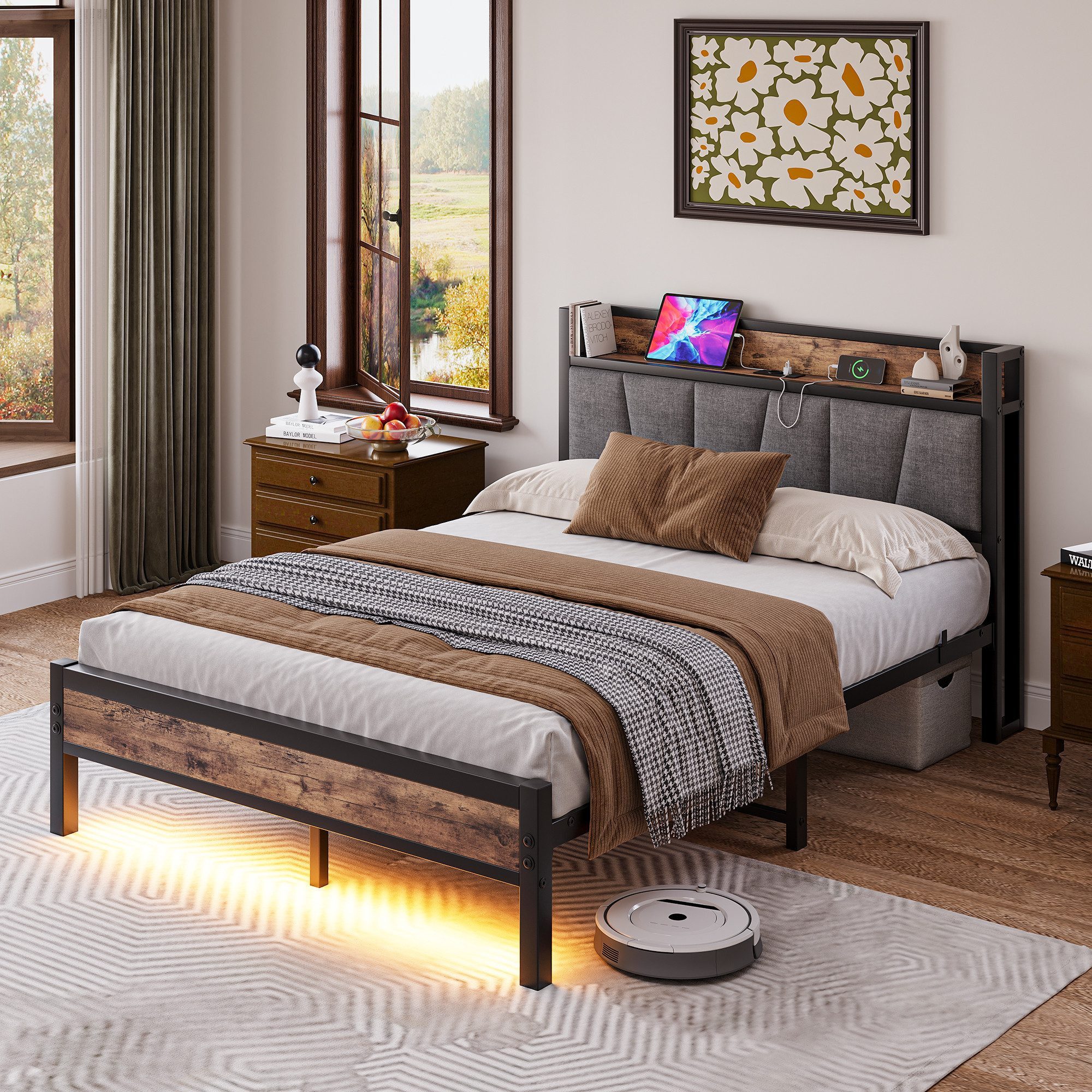 HOMERECOMMEND Metallbett mit 2 USB-Anschlüssen und LED Beleuchtung (1-tlg., Ohne Matratze), Jugendbett Bettgestell 90 x 200 cm