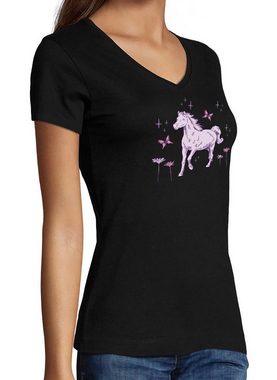 MyDesign24 T-Shirt Damen Pferde Print Shirt - Pferd mit Blumen V-Ausschnitt Baumwollshirt mit Aufdruck Slim Fit, i144