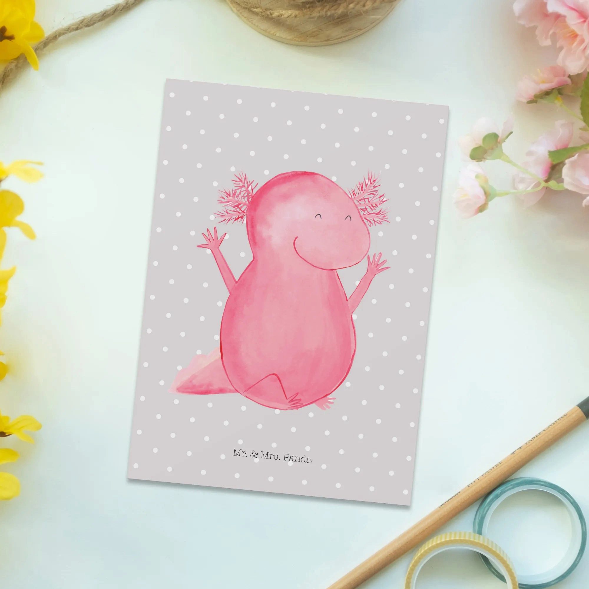Thumbnail - Mr. & Mrs. Panda Postkarte Axolotl Hurra, Karte, Einladung, Einladung Geburtstag, Ansichtskarte, Witzige Sprüche