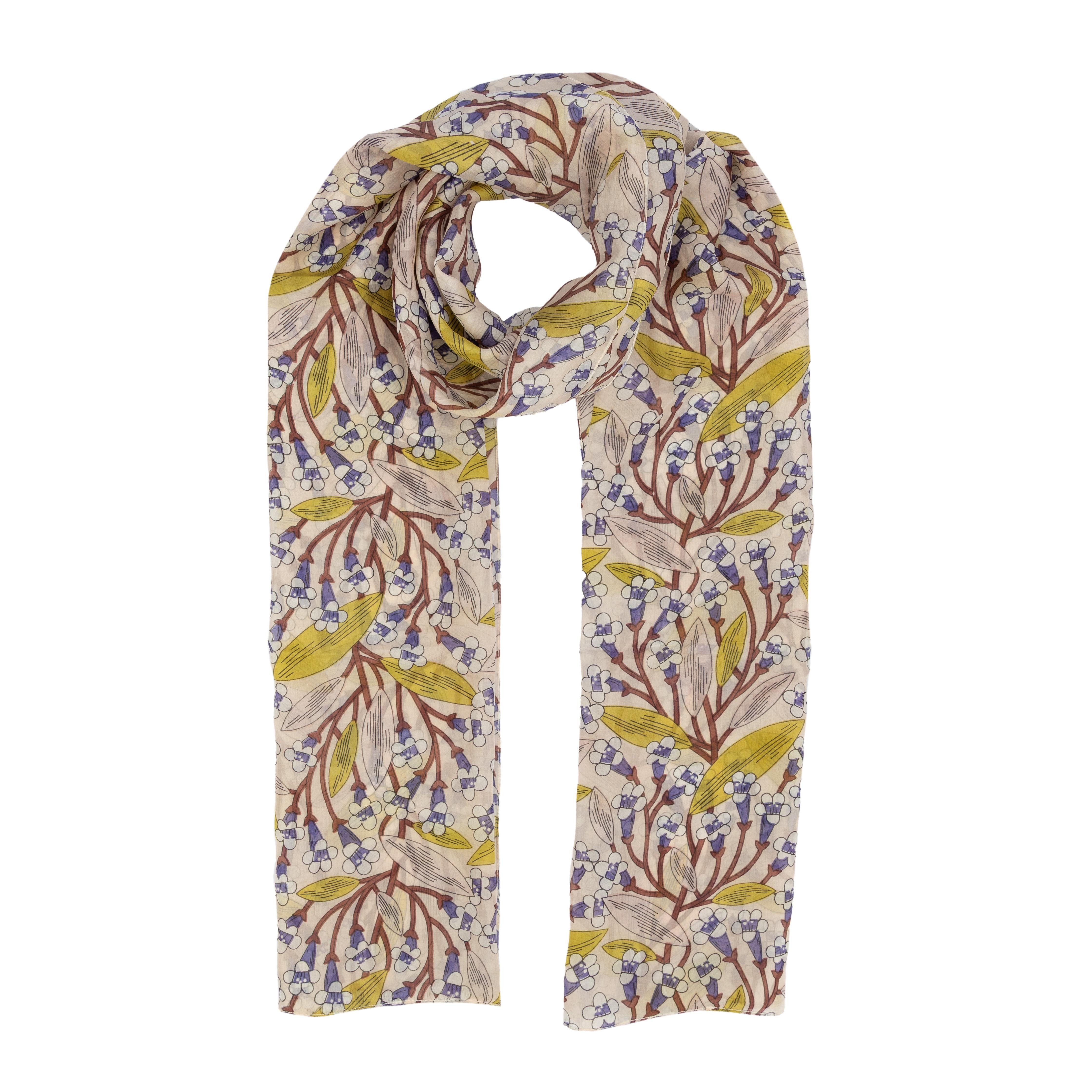 El Puente Seidenschal Schal aus Seide in Creme mit floralem Motiv, Handmade, Fair Trade