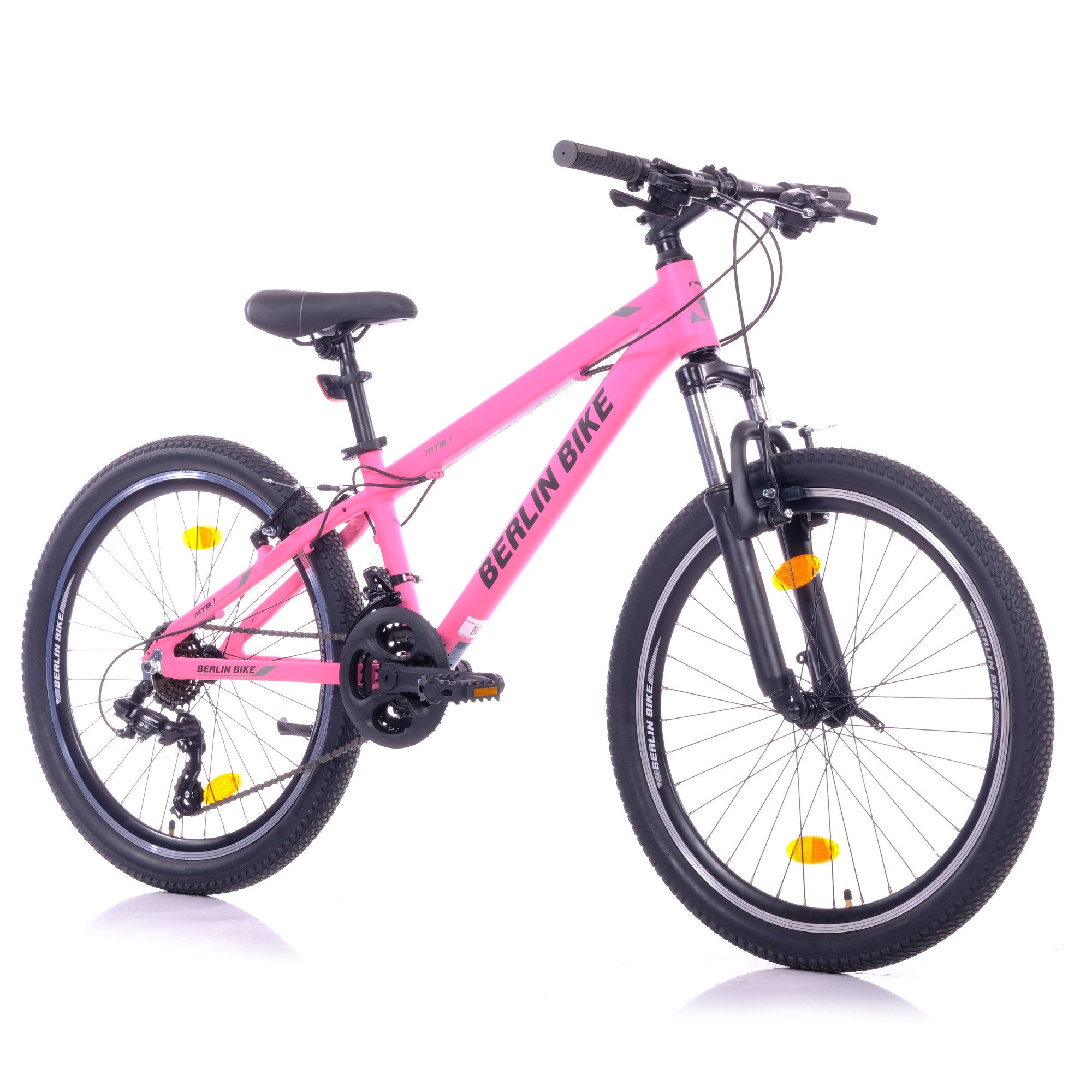 BERLIN BIKE Mountainbike Berlin Bike MTB1 24 Zoll Kinderfahrrad, 9-13 Jahre Mädchen - Rosa, 21 Gang Shimano RD-TY300/TY500 Schaltwerk, (Aluminiumrahmen & V-Bremsen – leicht, stabil, sicher, mit Kompletter Werkzeugsatz), mit 24"x 2,10" Luftreifen ideal für Gelände und Alltag