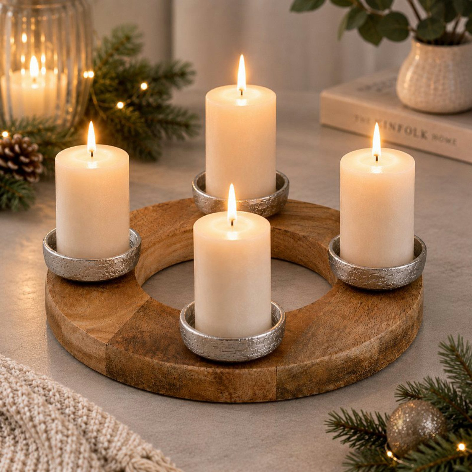Koopman Adventskranz Kerzenhalter Ø 27 cm Mangoholz Aluminium Klein, für 4 Kerzen, Dekorativ, 27x4cm, Natur, Stabil – Bild 5 von 5
