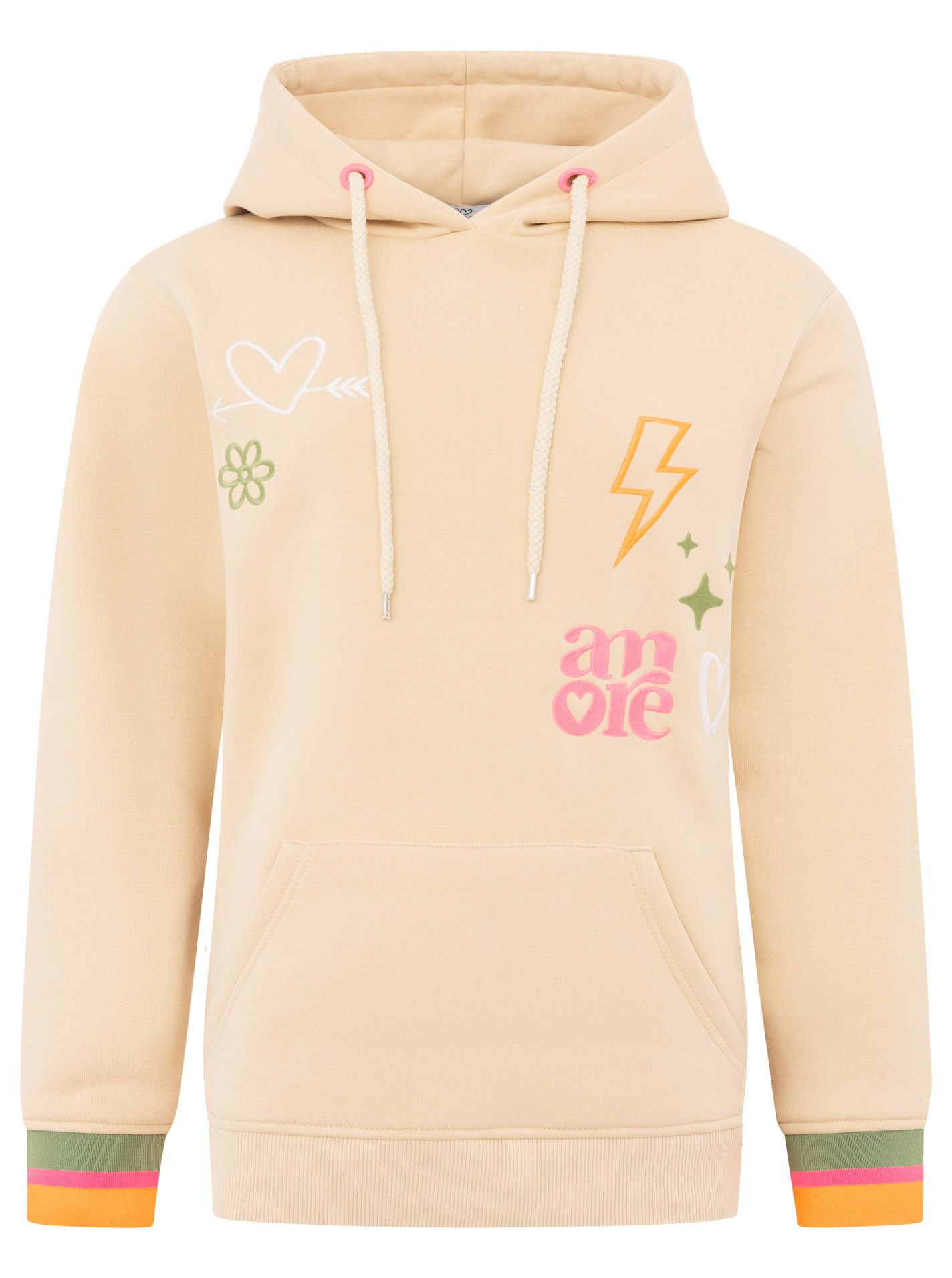 Zwillingsherz Hoodie "Patches & Amore" farbenfrohe Stickereien, Kapuze und Fronttasche