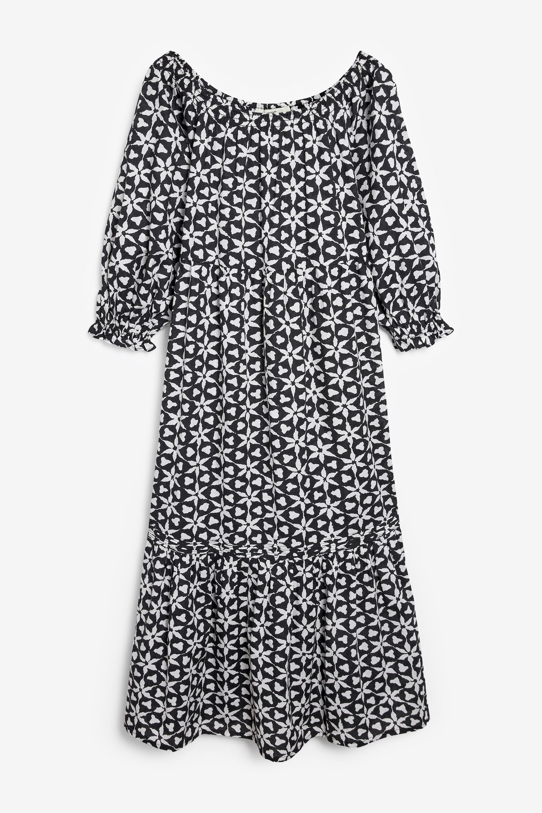 Next Bandeaukleid Schulterfreies Kleid mit langen Ärmeln (1-tlg) Mono Print