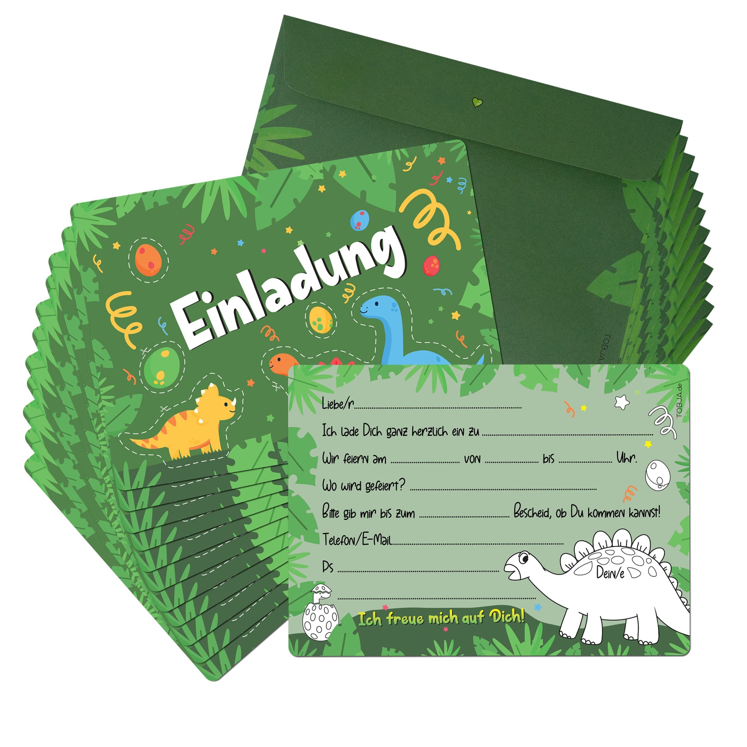 TOBJA Einladungskarten 12 Einladungskarten inkl. Umschläge - Dino Party, Partyeinladungen A6 (10,5 x 14,8 cm) Postkarten
