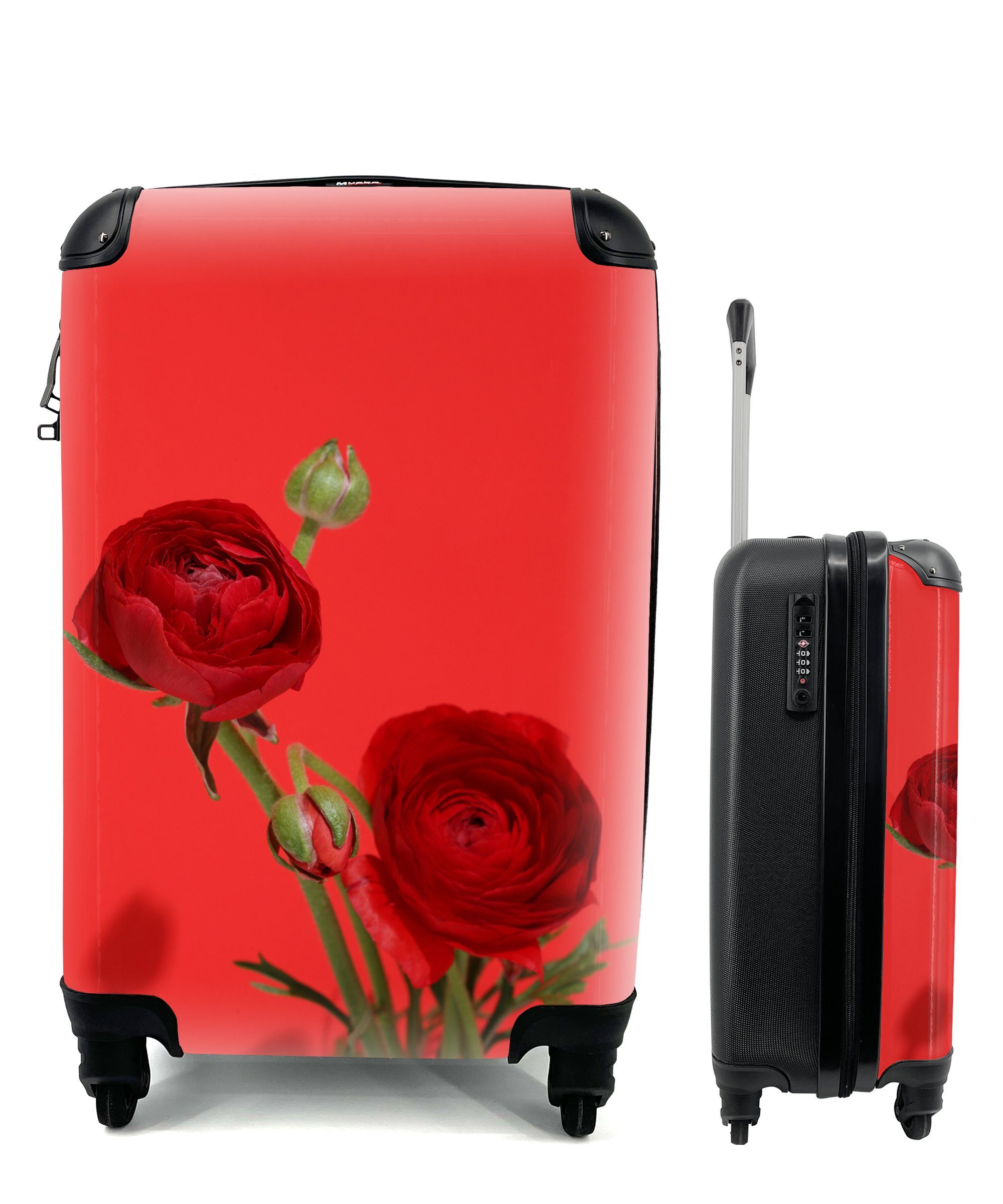MuchoWow Handgepäckkoffer Rote Butterblumen auf rotem Hintergrund, 4 Rollen, Reisetasche mit rollen, Handgepäck für Ferien, Trolley, Reisekoffer