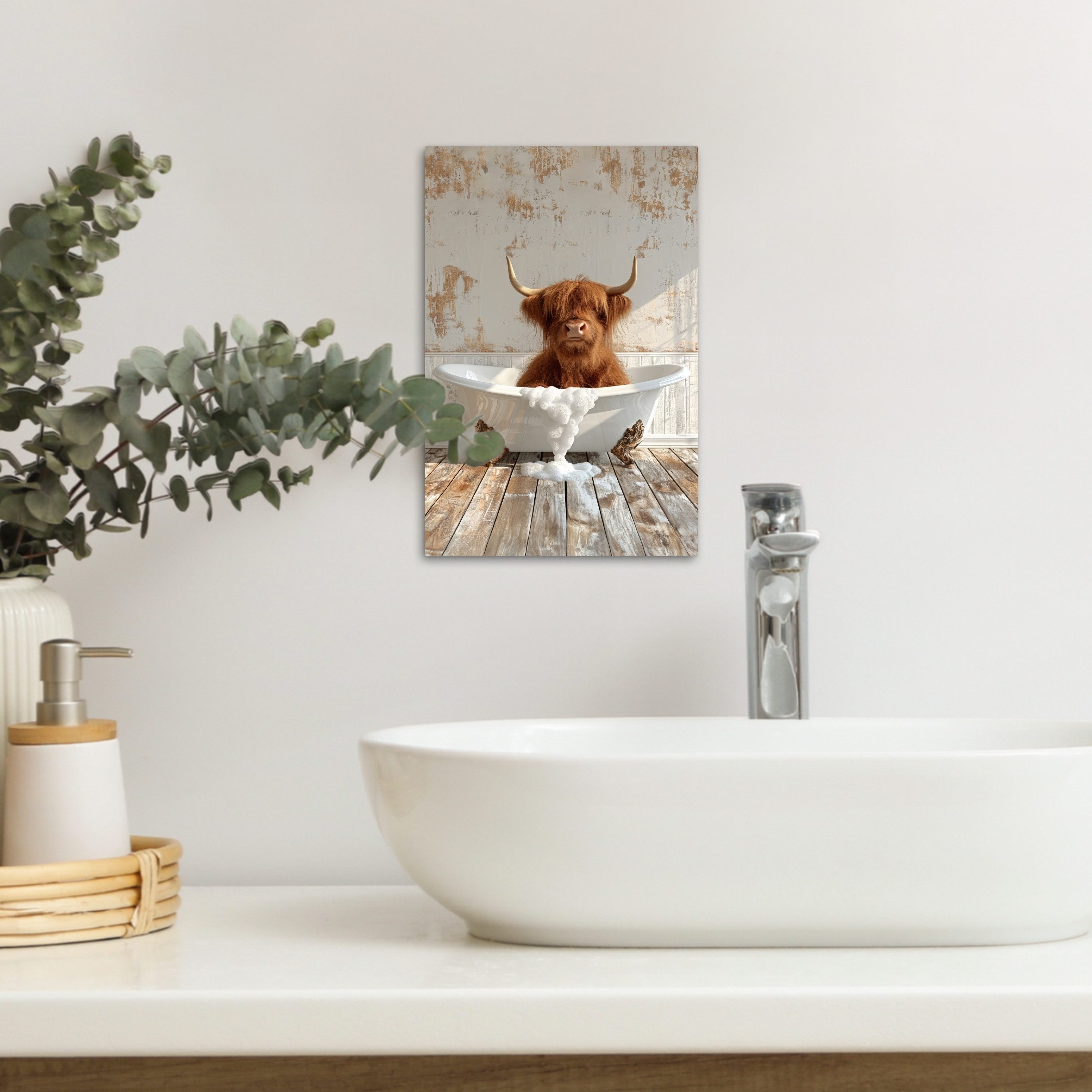 OneMillionCanvasses® Leinwandbild Schottischer Highlander - Badewanne - Vintage - Kuh, Fotodruck (1 St), Badezimmer Deko, Bilder WC, Toilette Wanddeko 20x30 cm