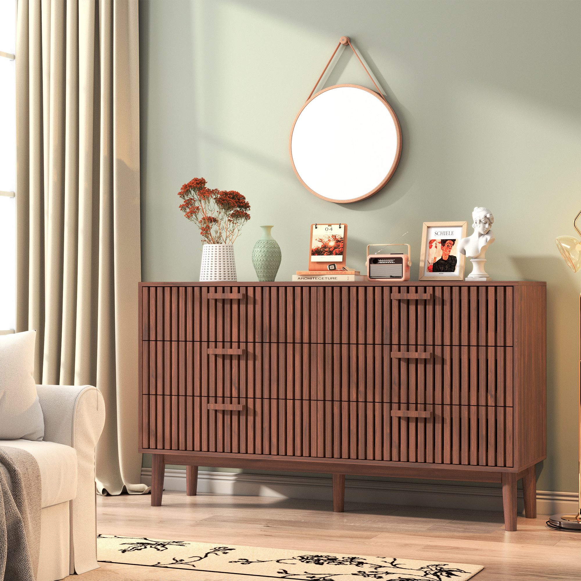 FUROKOY Kommode Sideboard Holz Küchenschrank für Wohnzimmer Schlafzimmer, Buffetschrank mit 6 Schubladen,Walnussholzfarbe – Bild 3 von 5