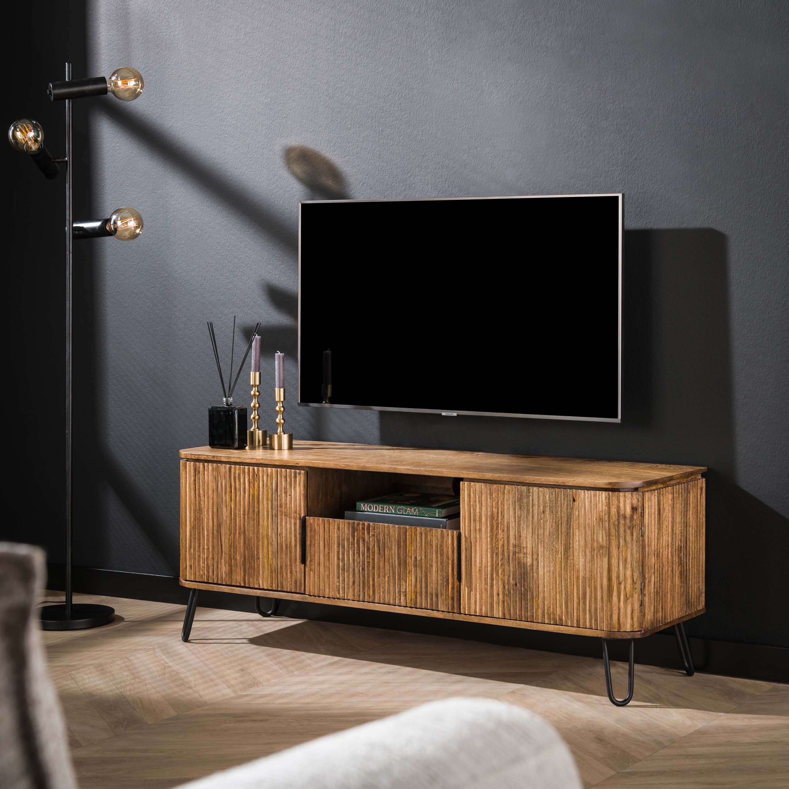 alesvelt TV-Schrank RIVA Elegantes Massivholz-Lowboard mit Rillenfräsung & Hairpin-Legs (1 Schrank, 135x50x40cm)