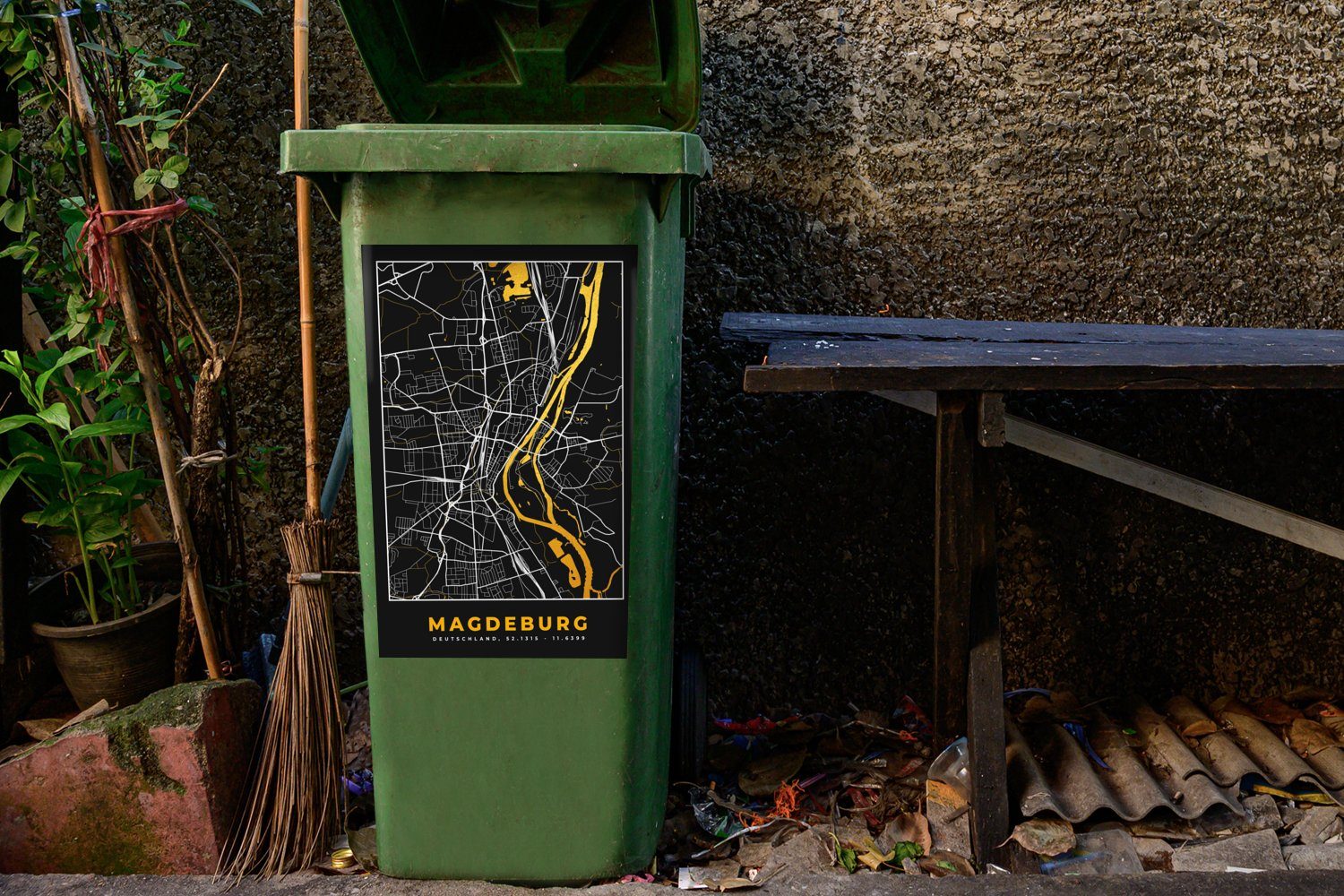 (1 Container, Sticker, MuchoWow Madgeburg Mülleimer-aufkleber, - - Abfalbehälter Gold St), Deutschland - Stadtplan - Mülltonne, Karte Wandsticker