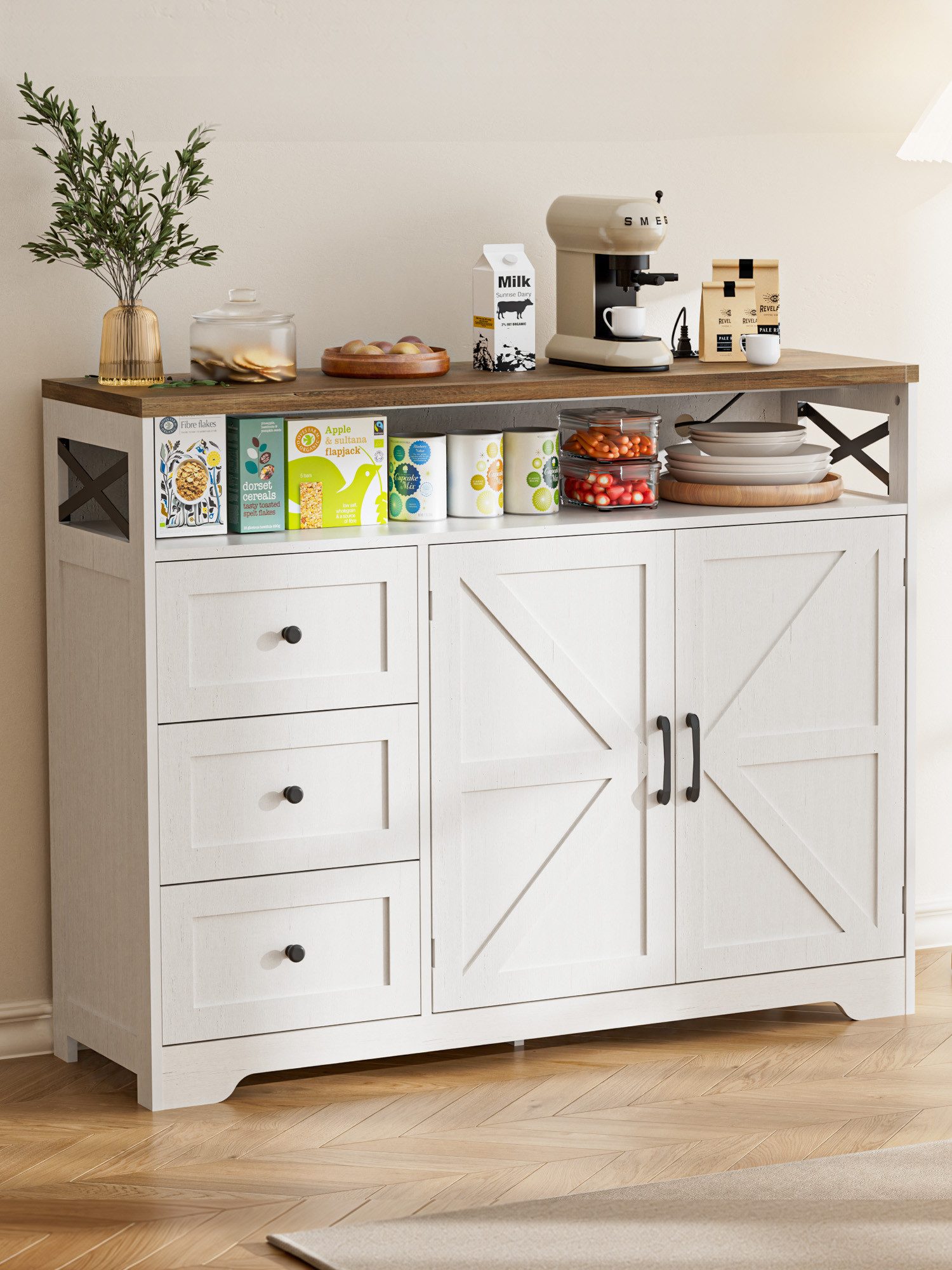 FiveWillowise Stauraumschrank mit Schubladen, 120 x 35 x 95cm, Cremeweiß in Holzoptik (1-St) Breite: 120 cm. Tiefe: 35 cm. Höhe: 95 cm