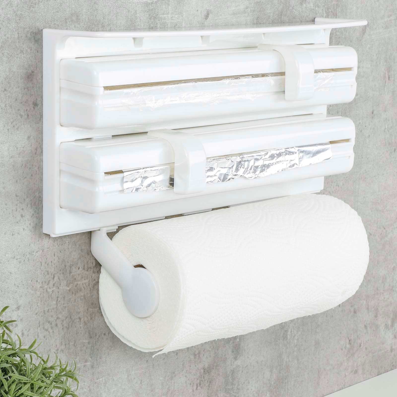 HAC24 Küchenrollenhalter 3in1 Küchenrollenhalter für Alufolie Frischhaltefolie Küchenrolle Weiß, (1-St), mit Folienschneider