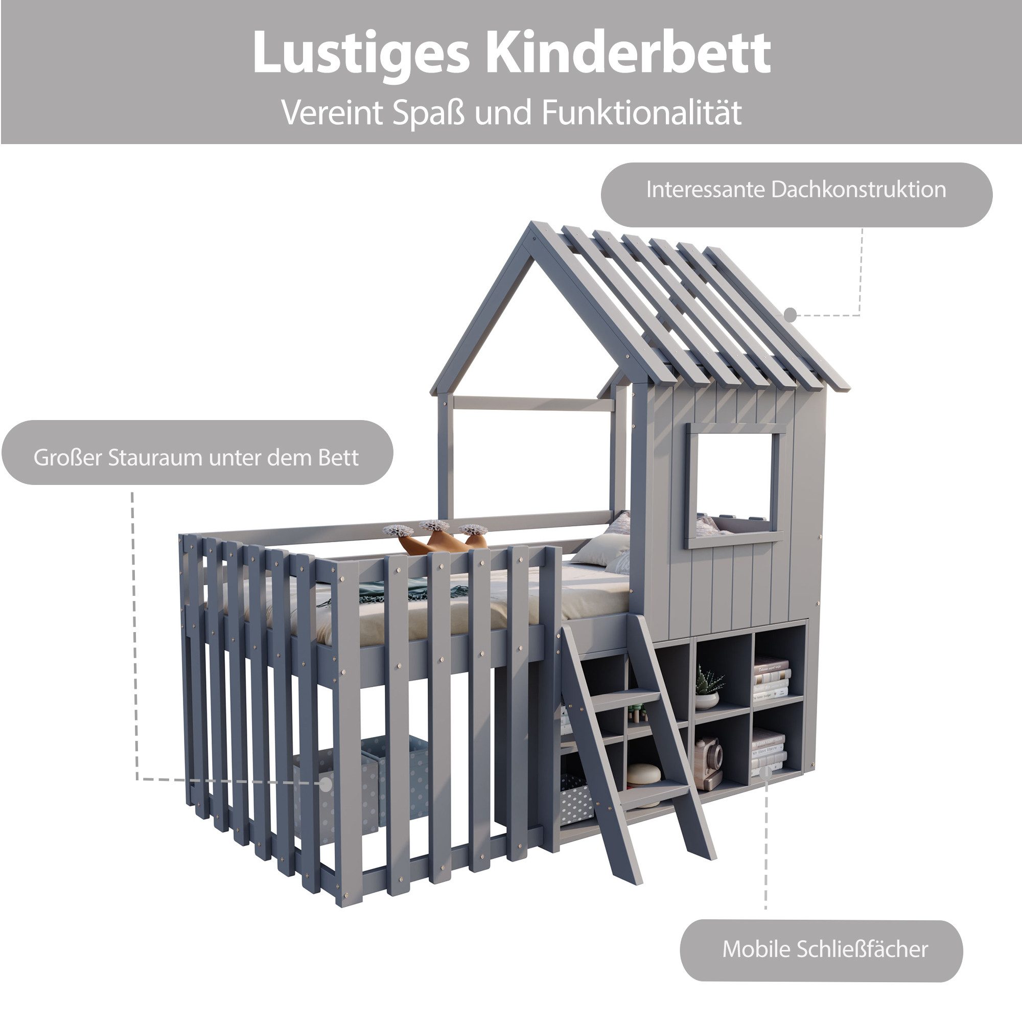 Flieks Hochbett Kinderbett Hausbett 90x200cm mit Dach, Fenster und offenem Stauraum – Bild 4 von 5