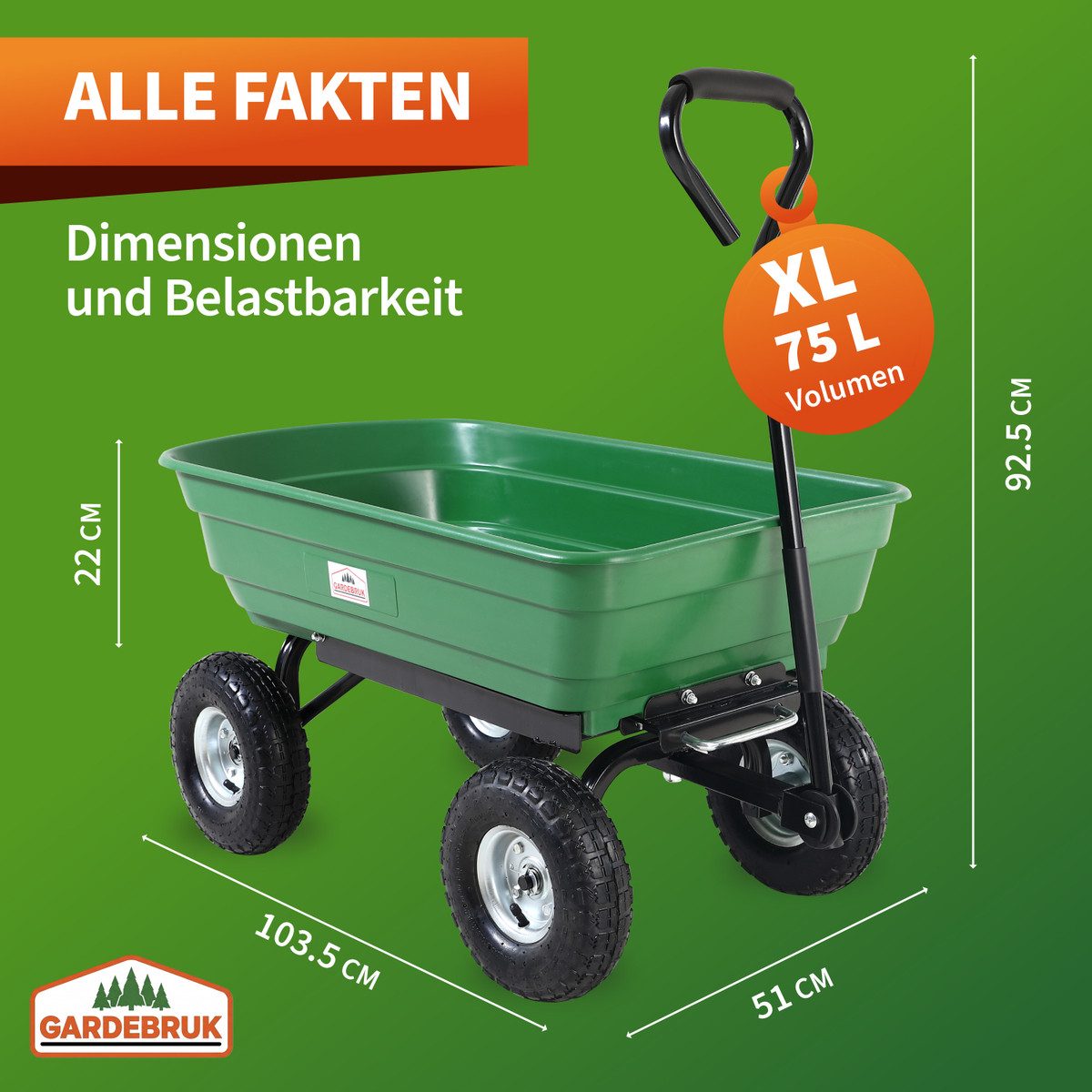 Gardebruk Bollerwagen, Transportwagen 300 kg mit Kippfunktion Luftbereifung Handwagen Garten