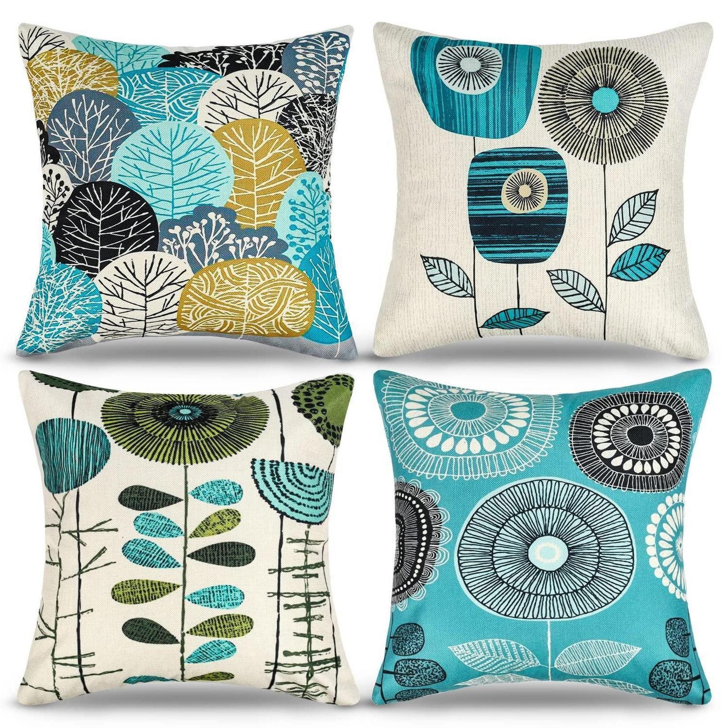 LuxusKollektion Kissenbezüge Kissenhülle Sonnenblumen 40x40 Leinen 4er-Set BlauGrün, (4 Stück)